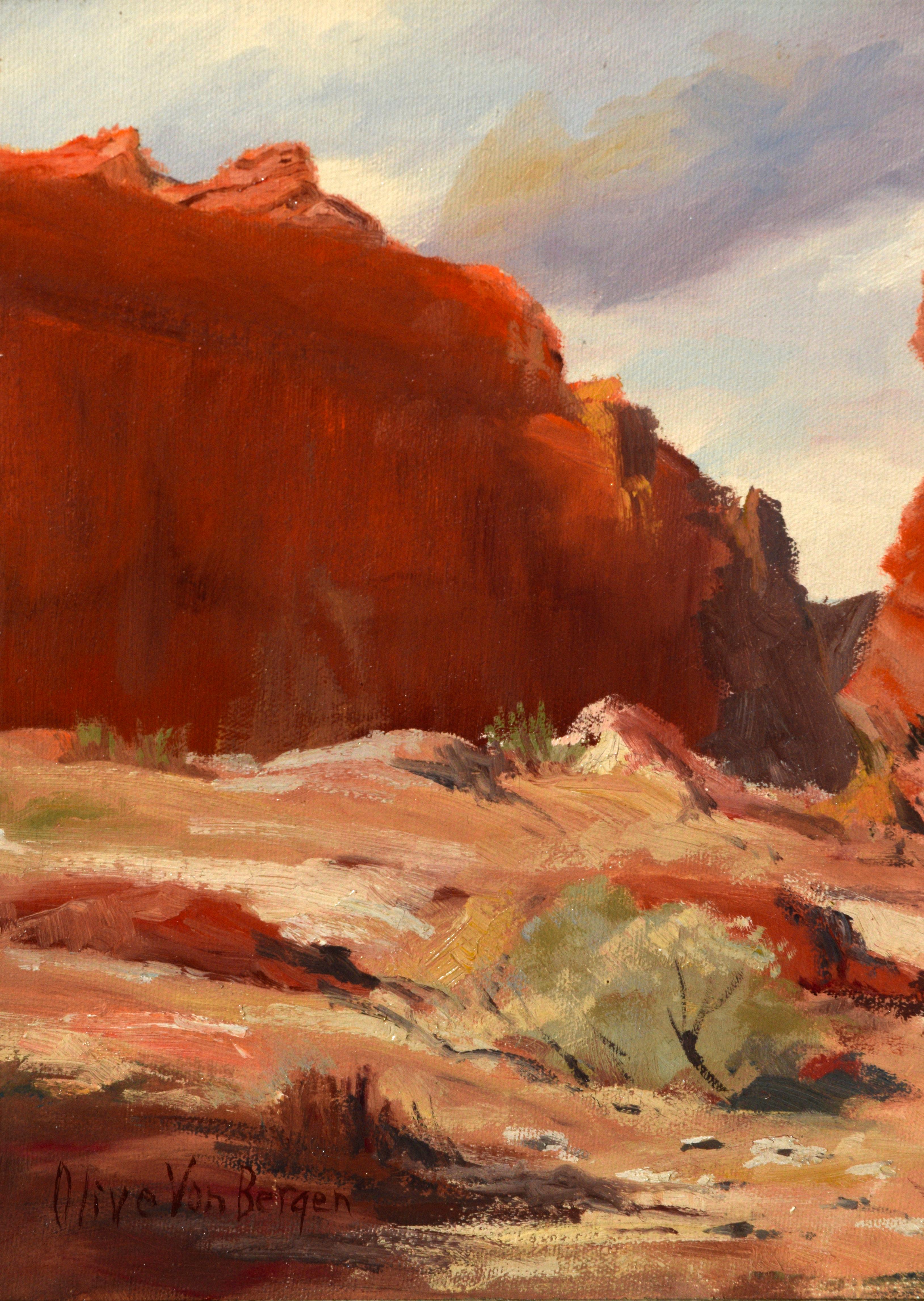 Paysage de roches rouges du désert des années 1940  - Marron Landscape Painting par Olive Von Bergen