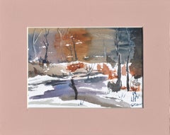 Frozen Pond Landscape in Watercolor on Paper