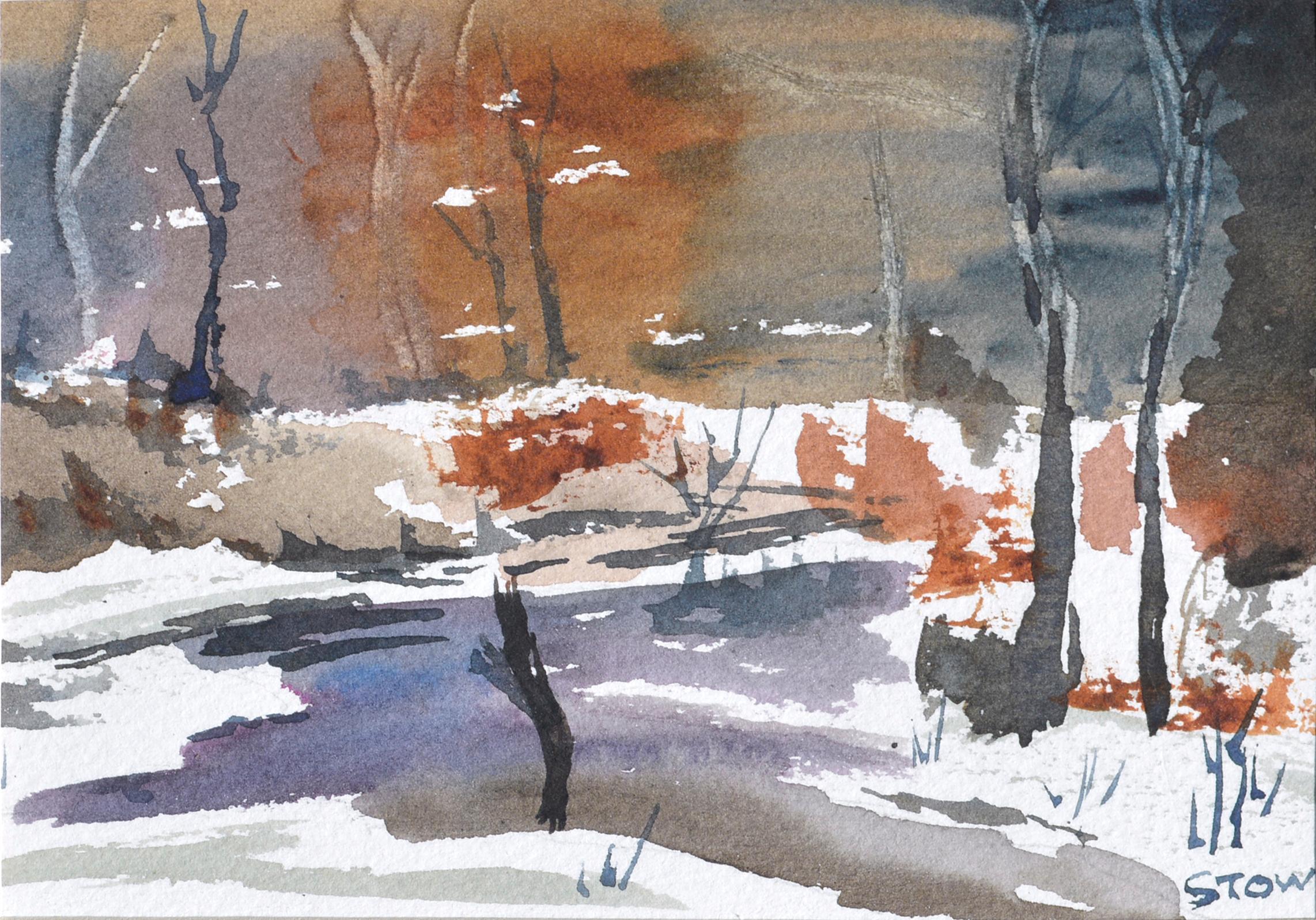 Frozen Pond Landscape in Watercolor on Paper - Art by Unknown