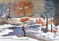 Frozen Pond Landscape in Watercolor on Paper