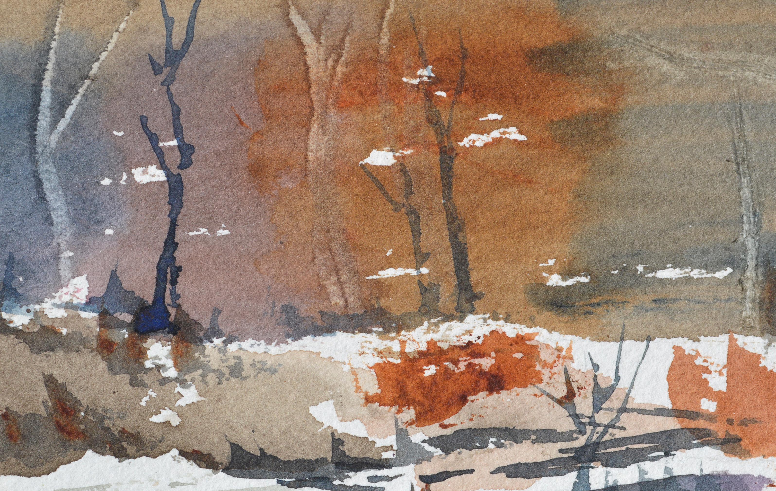 Paysage d'un étang gelé à l'aquarelle sur papier - Impressionnisme américain Art par Unknown