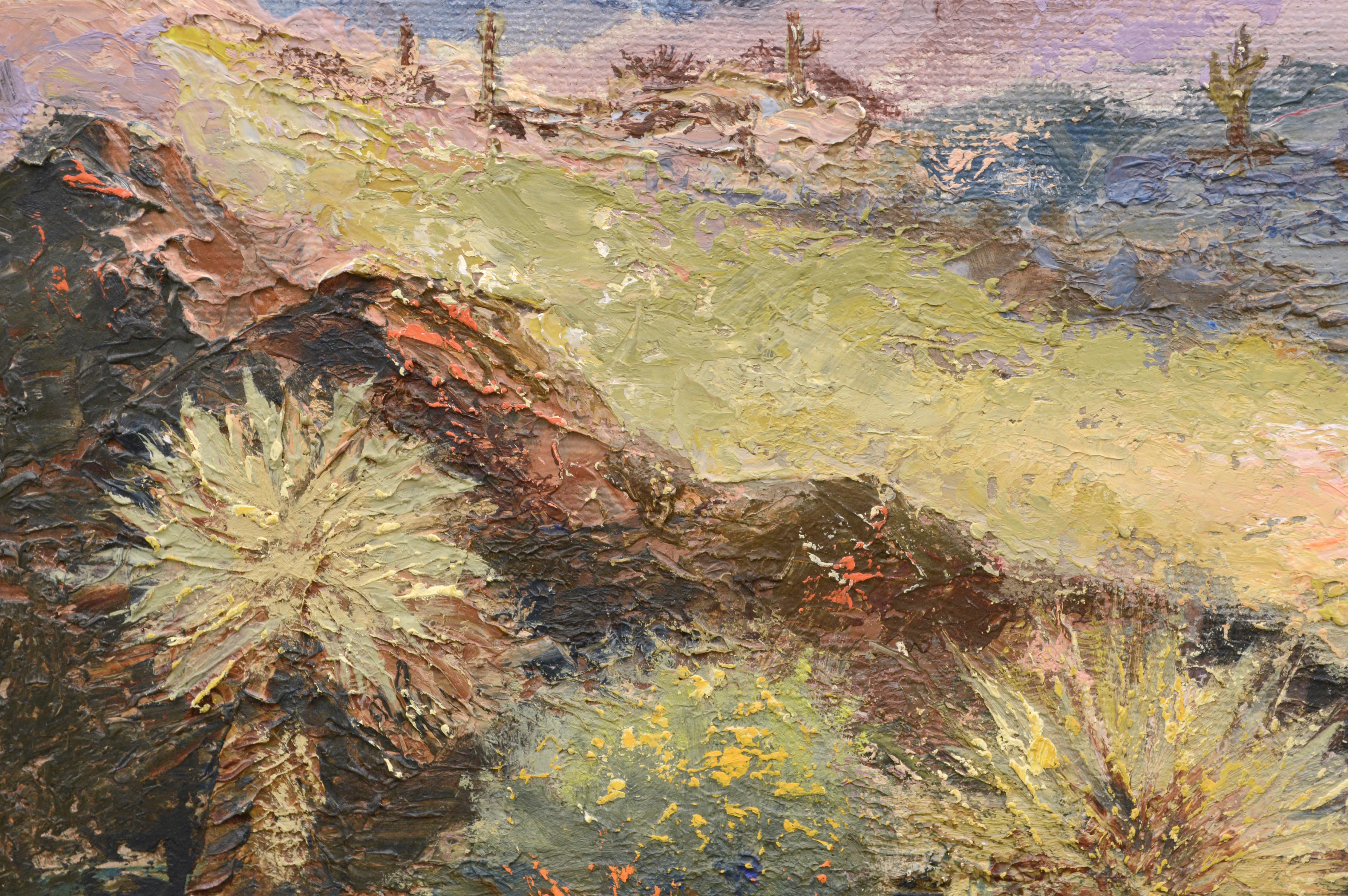 Vertikale Landschaft von Cecil C. Hunter (Amerikaner, 20. Jahrhundert) in sanften, gedämpften Tönen und dickem Impasto, das dem Vordergrund Textur verleiht und den Eindruck von Tiefe verstärkt. Signiert 