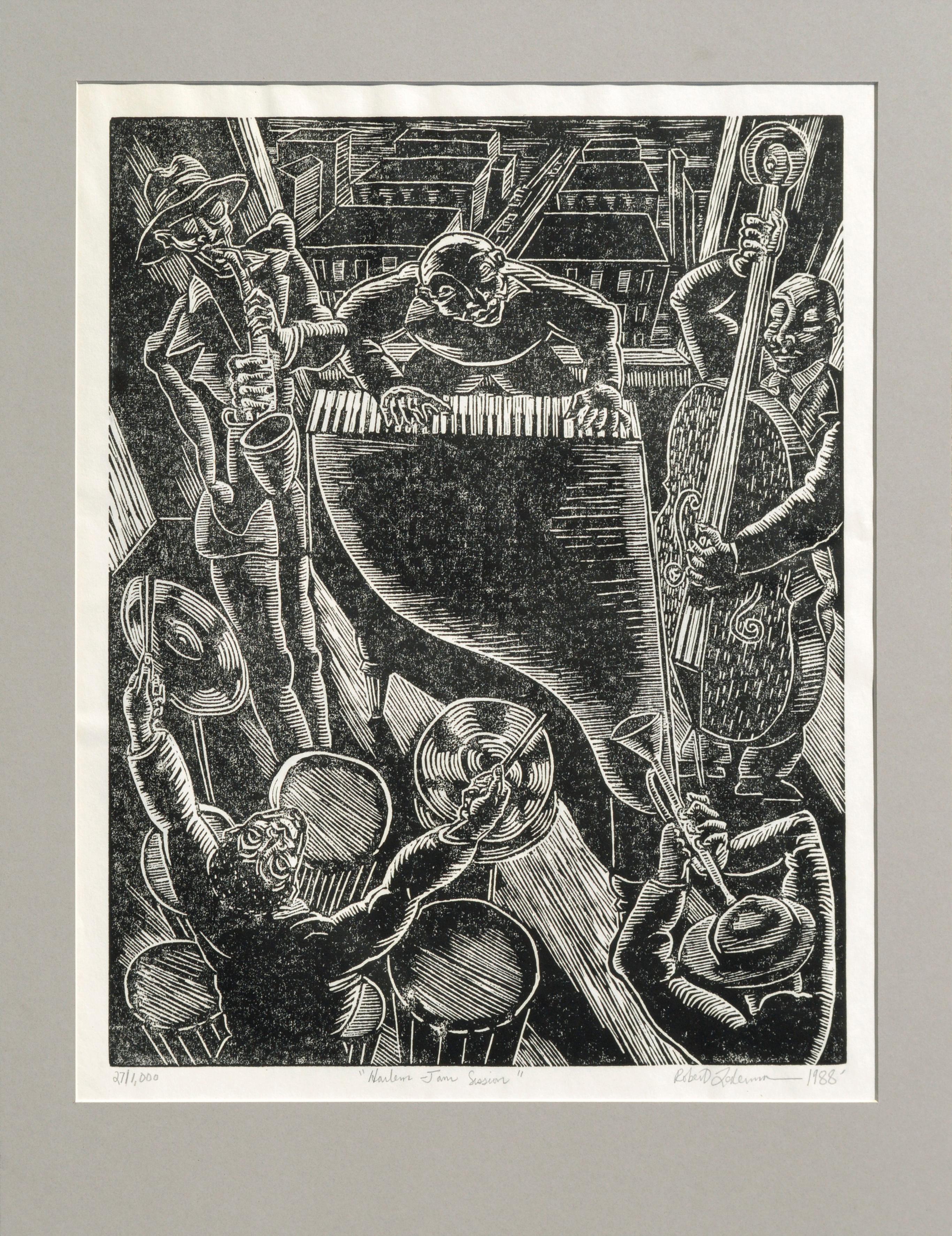 Robert Lederman Abstract Print - "Harlem Jazz Session" - Musician Scene Woodblock 