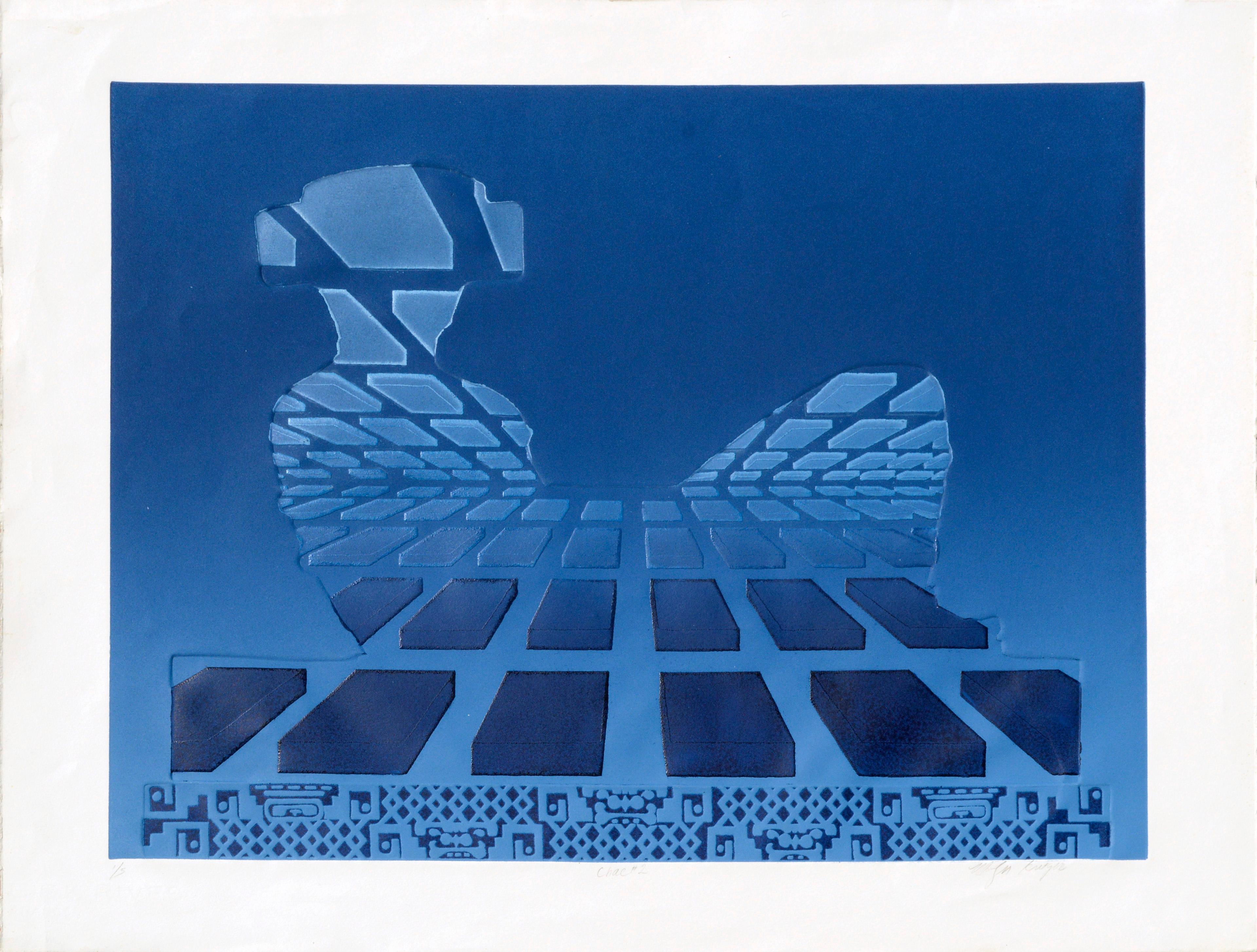 "Chac #2" - Sky Blue Geometric Mayan Chac Mool Lithograph