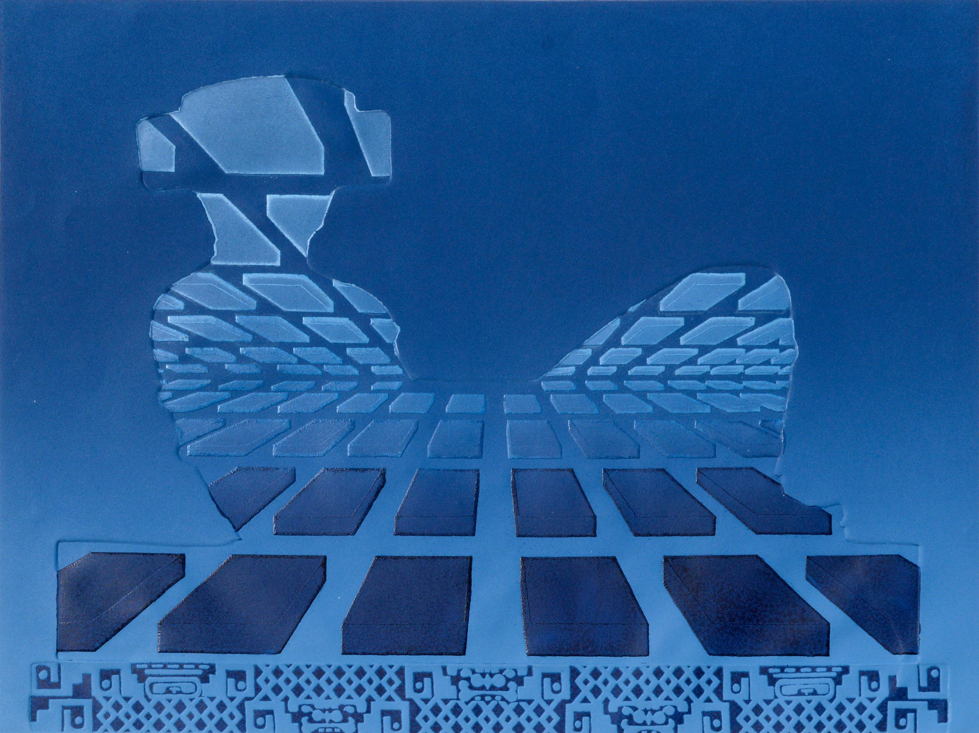 „Chac #2“ – Himmelblaue geometrische Mailänder Chac-Mool-Lithographie – Print von Marilyn Kruger