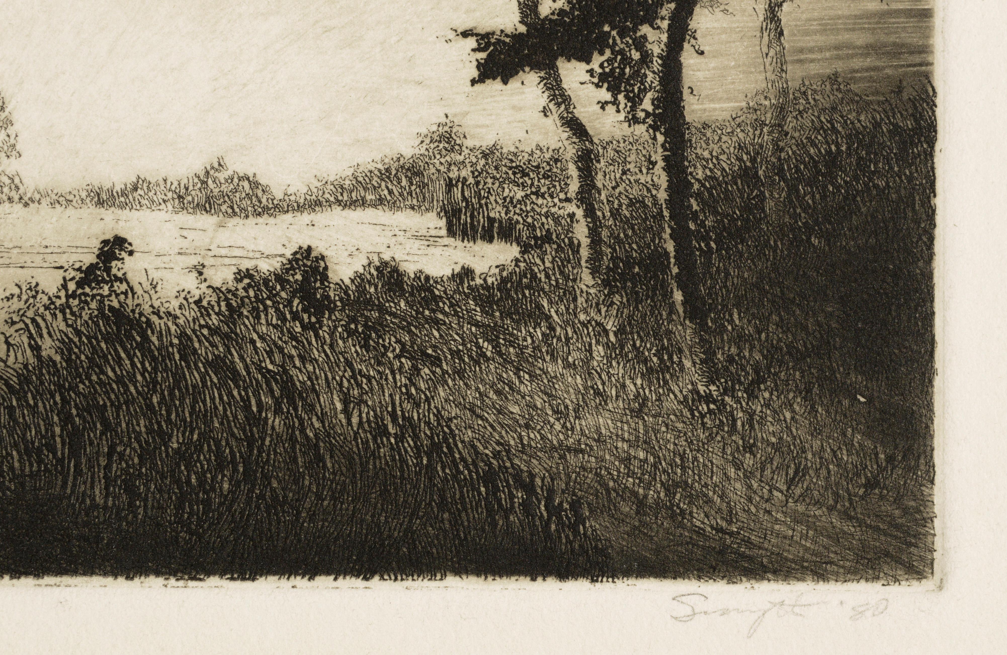 Dawn Breaking in the Field - Etching - American Impressionist Print by Jim Smyth