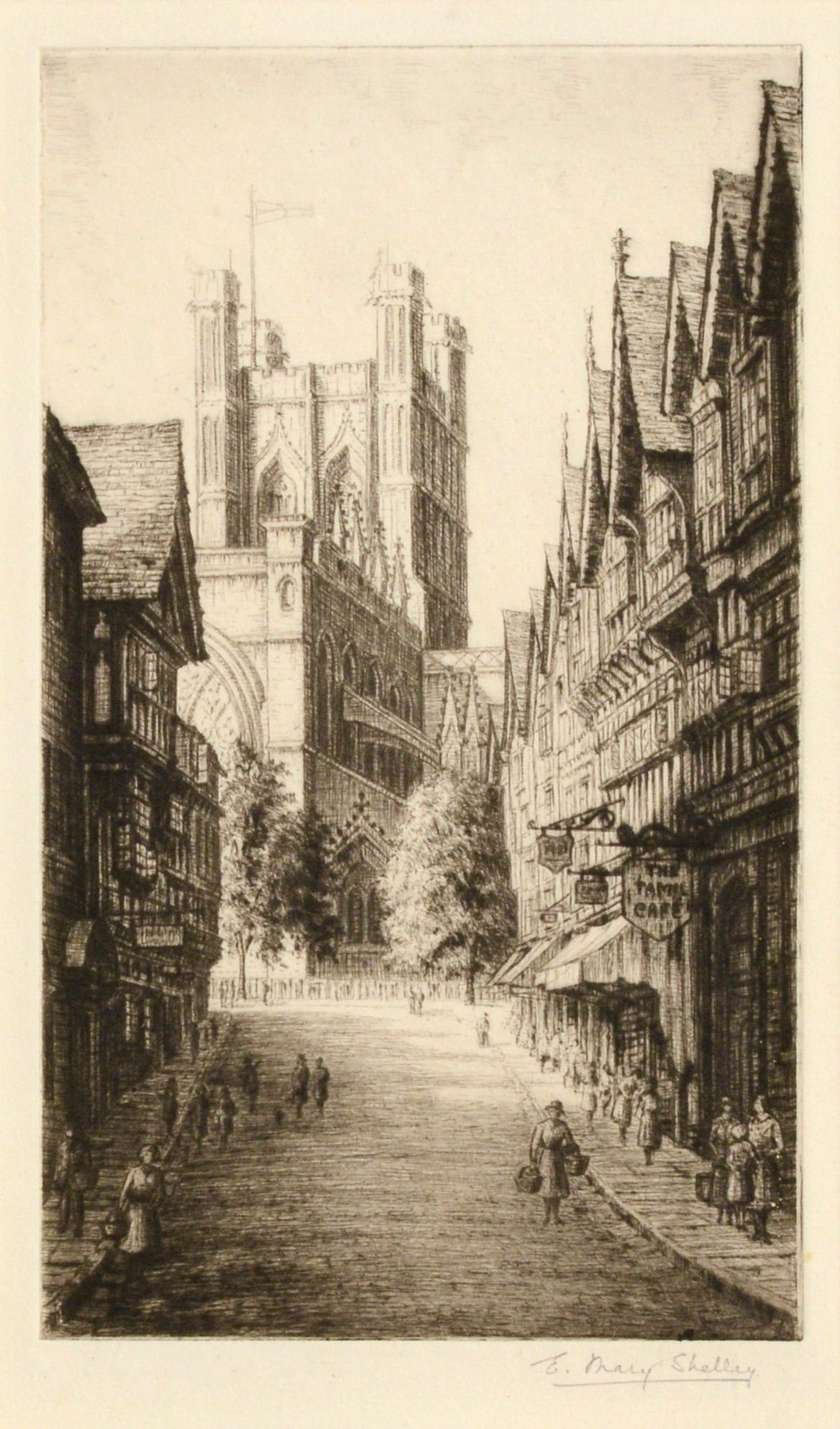 Scène de rue britannique du début du 20e siècle - Gravure figurative de paysage des années 1920 - Print de E. Mary Shelley