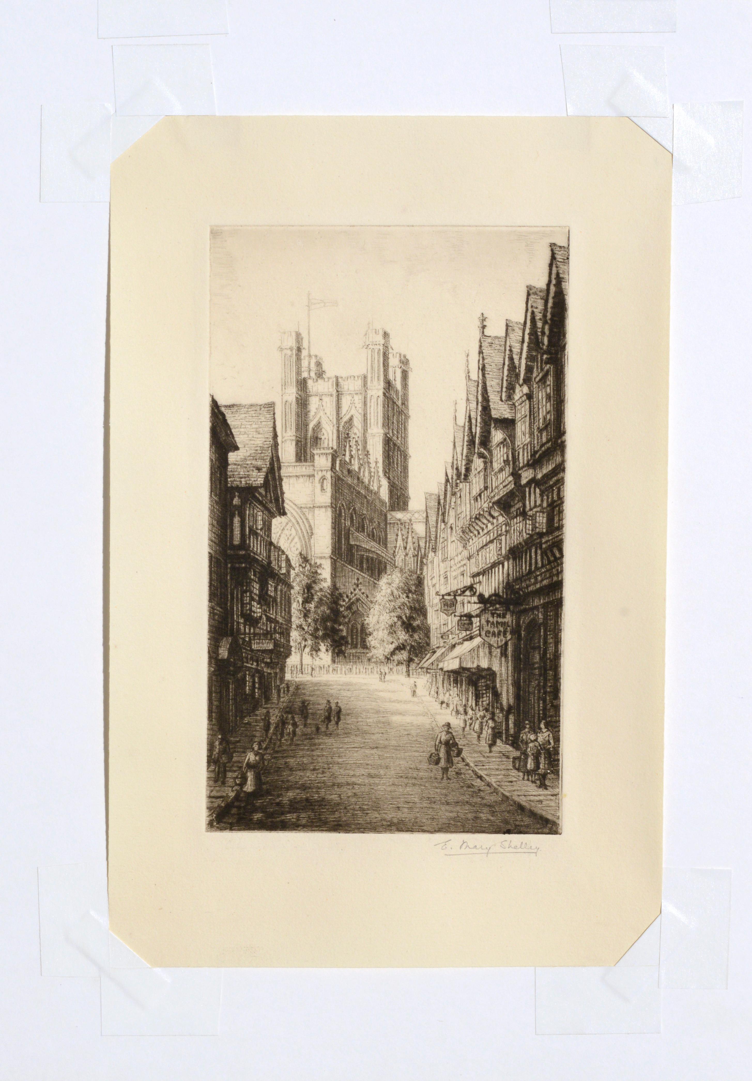 Scène de rue britannique du début du 20e siècle - Gravure figurative de paysage des années 1920 en vente 1