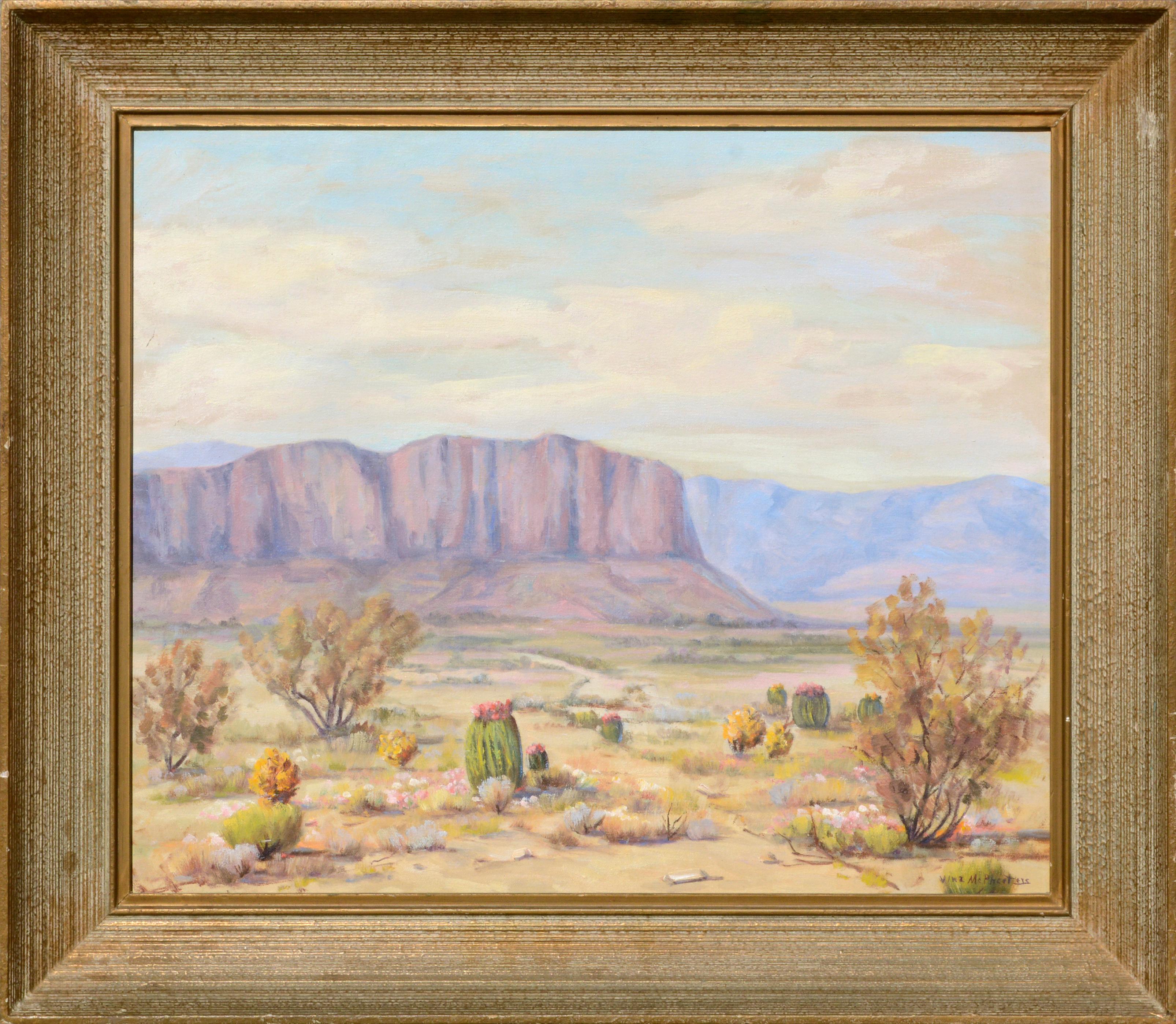 Vina McPheeters Landscape Painting - Mid Century Desert Mesa Landscape with Cacti 