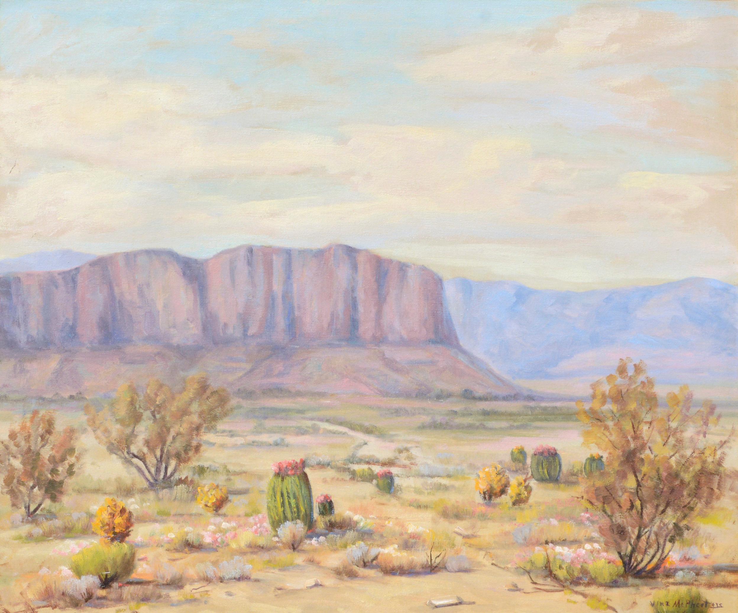 Mid Century Desert Mesa Landscape with Cacti  - Painting by Vina McPheeters