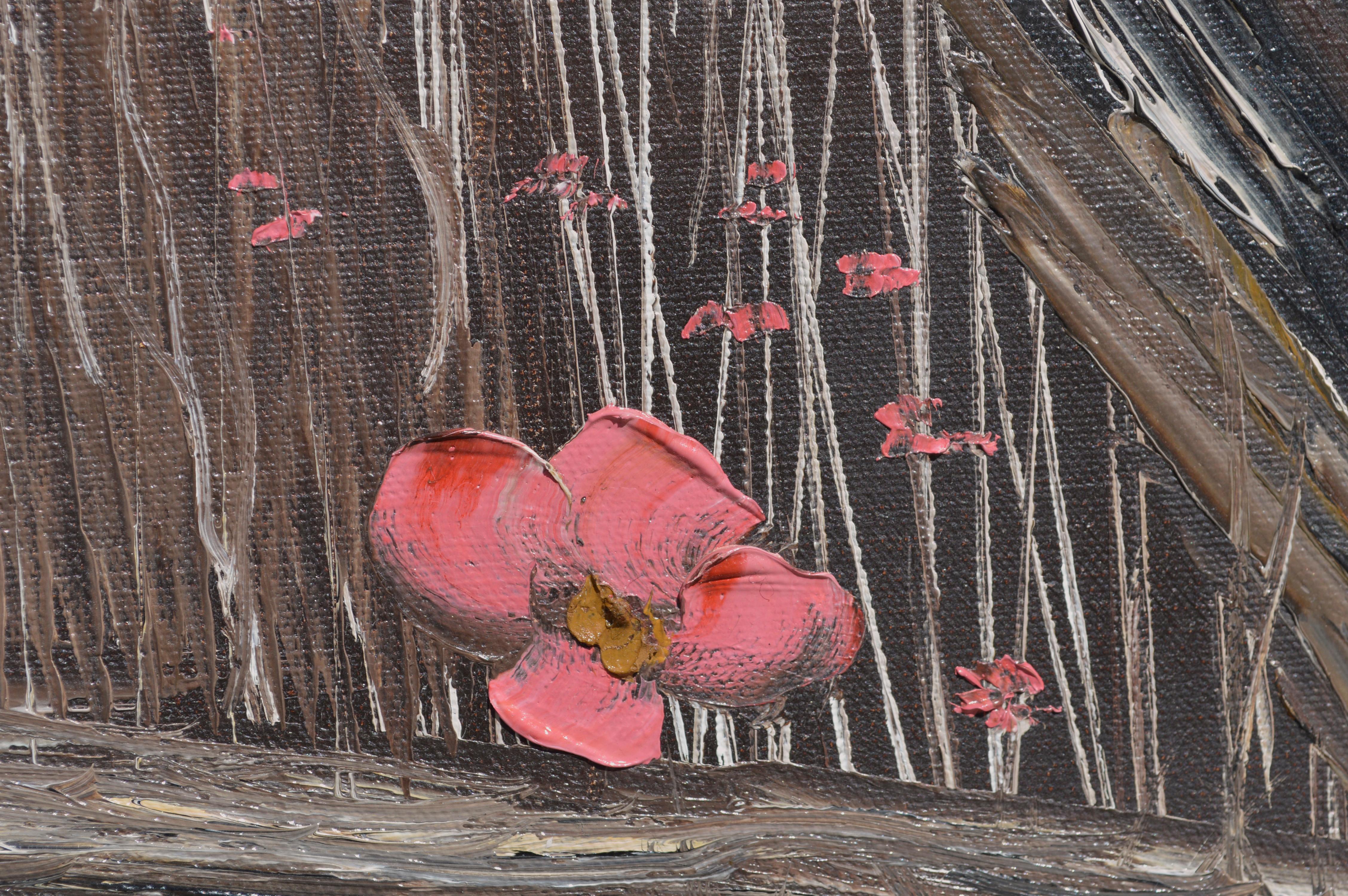 Paysage expressif et audacieux de fleurs s'épanouissant dans un marais par George Petridis (grec, 1940-2016). L'utilisation extensive de l'empâtement crée un sens accru de la profondeur. Signé 