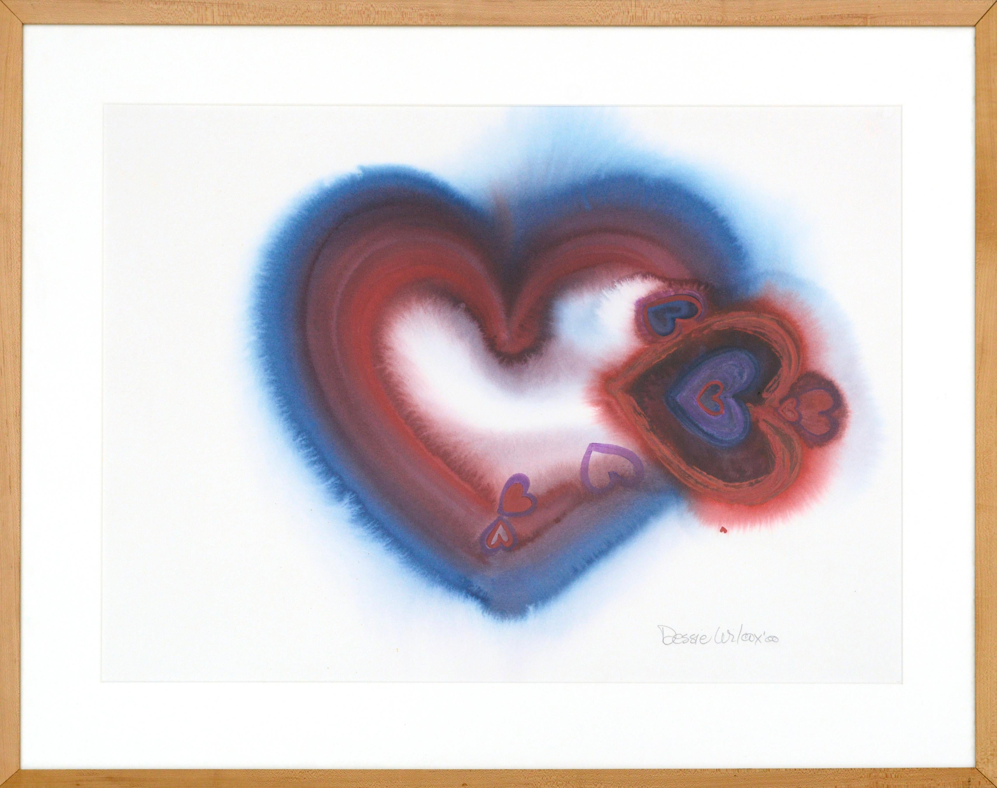 Dessie Wilcox Abstract Drawing - Hearts to One - Abstract Watercolor with Blue & Red Heart 
