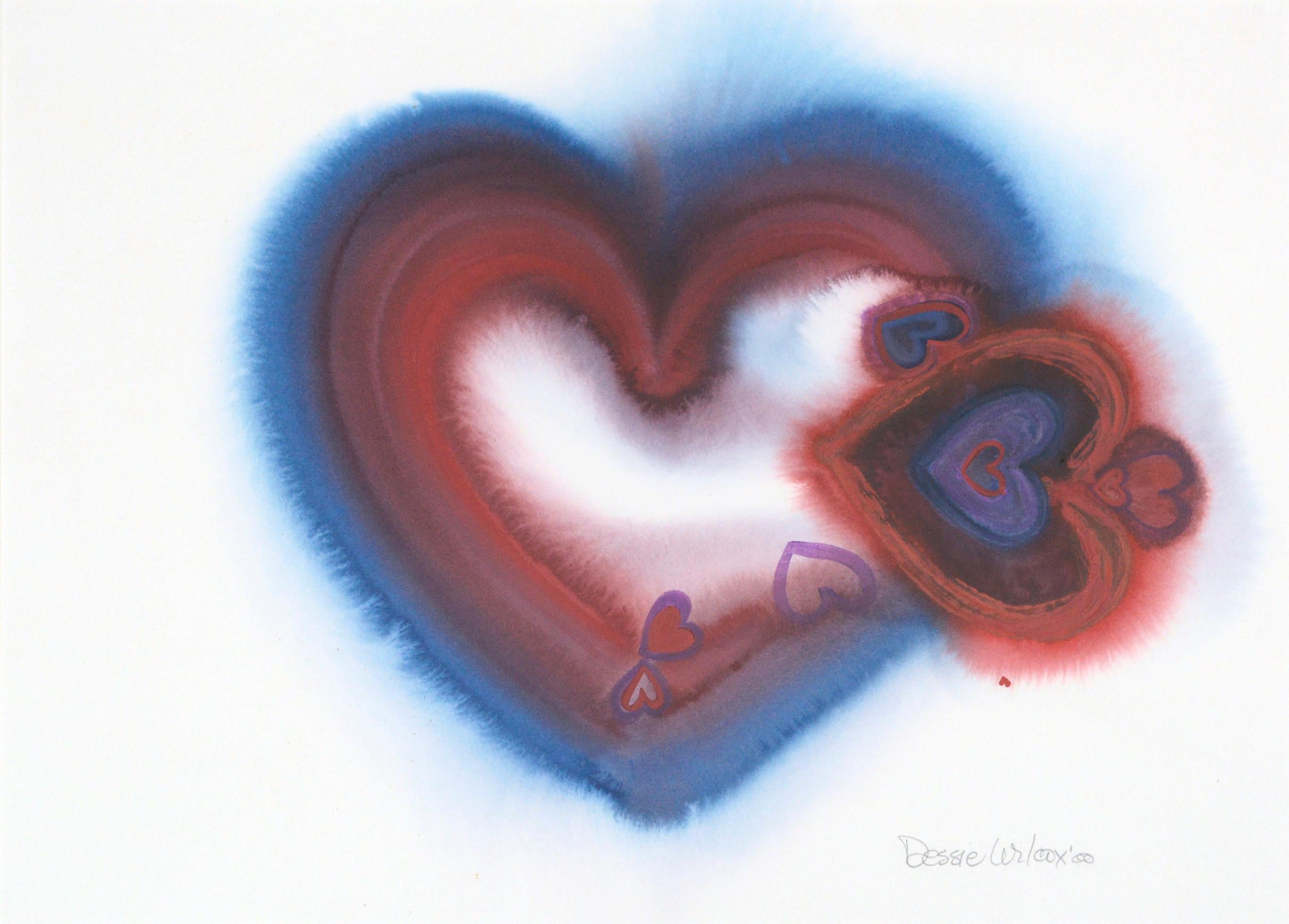 Hearts to One - Abstract Watercolor with Blue & Red Heart  - Art by Dessie Wilcox