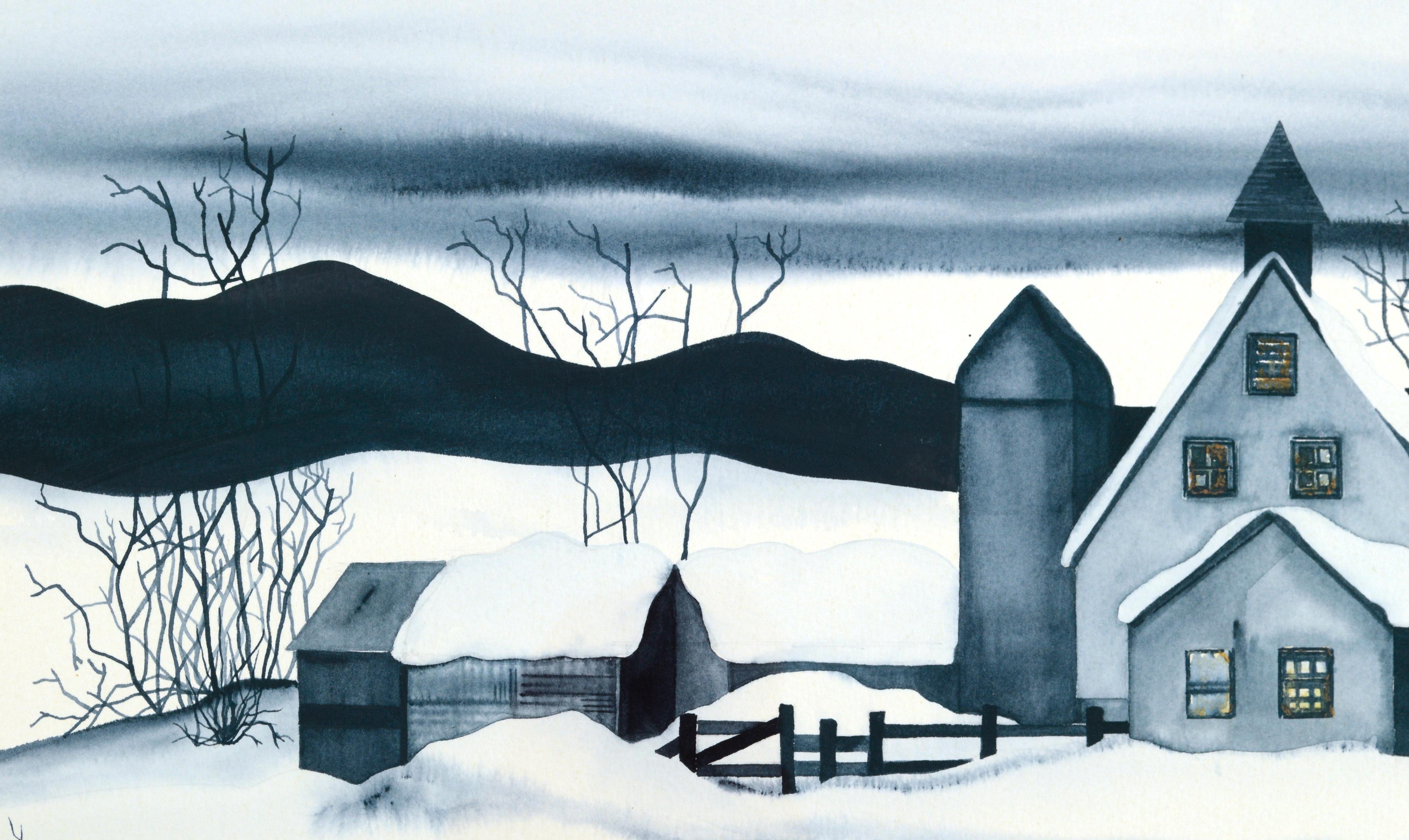 Paesaggio ad alto contrasto di una fattoria in inverno di Dessie Wilcox (americana, nata nel 1948). Firmato e datato 