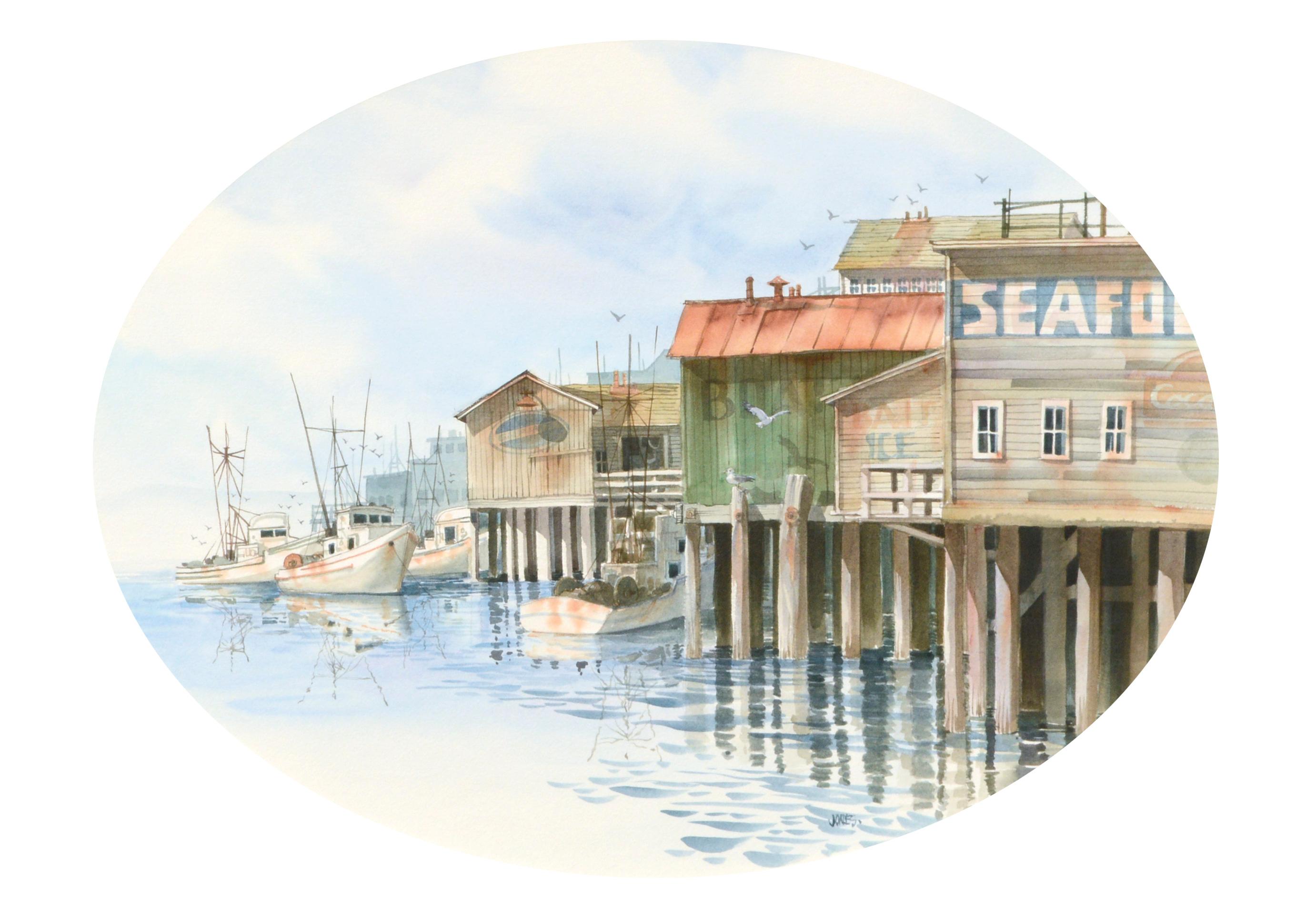 Fishing Boats in the Harbor with Monterey Wharf Fish Market, Maritime Landscape  - Art by Jones