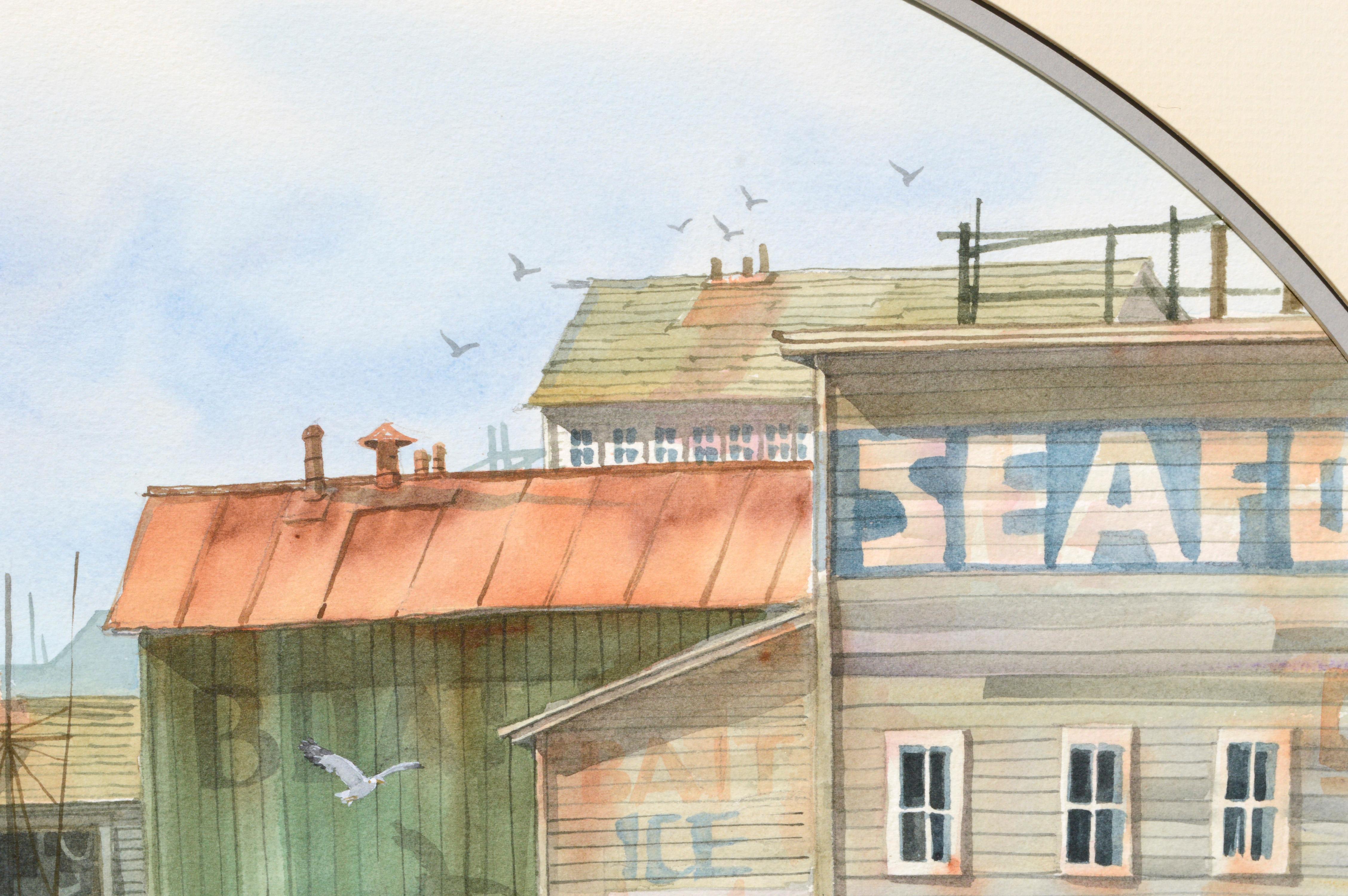 Boîtes de pêche dans le port avec marché à poissons du Monterey Wharf, paysage maritime  - Réalisme américain Art par Jones