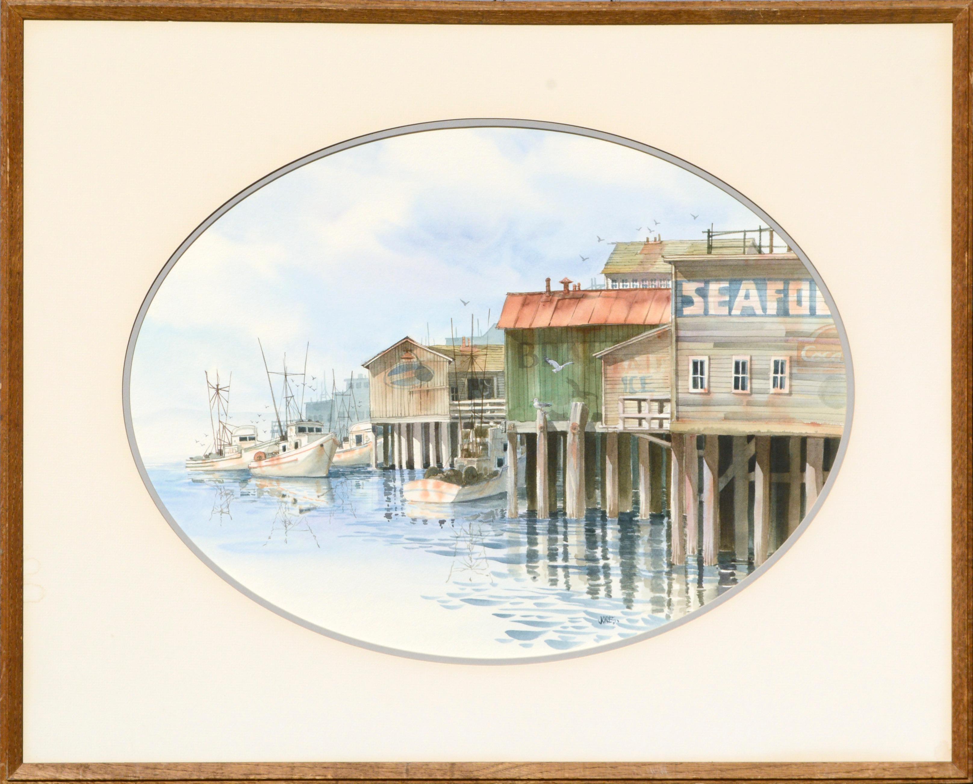 Jones Landscape Art - Fishing Boats in the Harbor with Monterey Wharf Fish Market, Maritime Landscape 