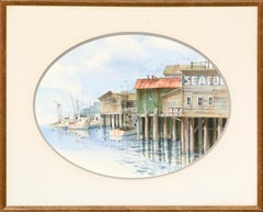 Fishing Boats in the Harbor with Monterey Wharf Fish Market, Maritime Landscape 