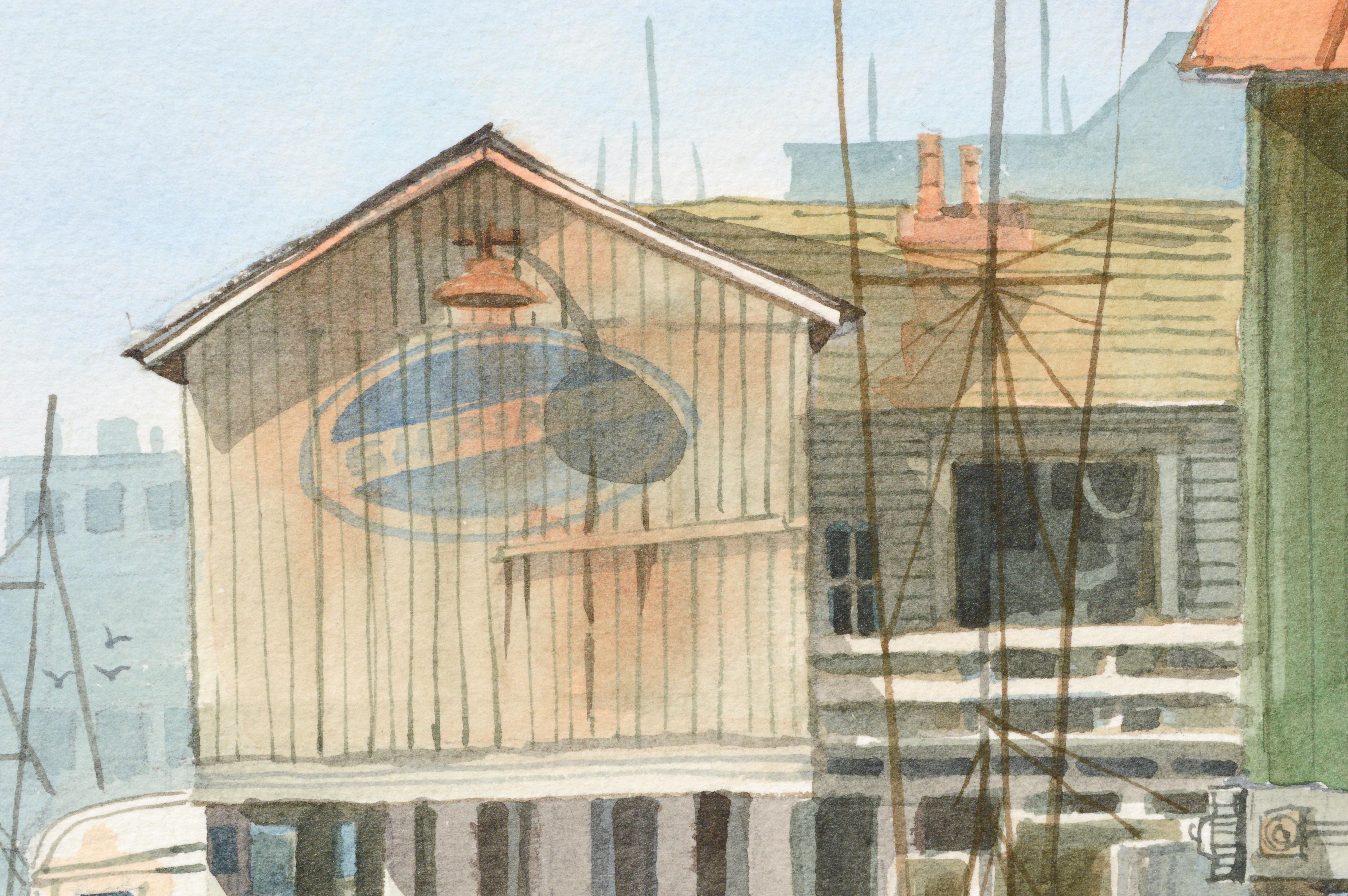 Boîtes de pêche dans le port avec marché à poissons du Monterey Wharf, paysage maritime  - Beige Landscape Art par Jones