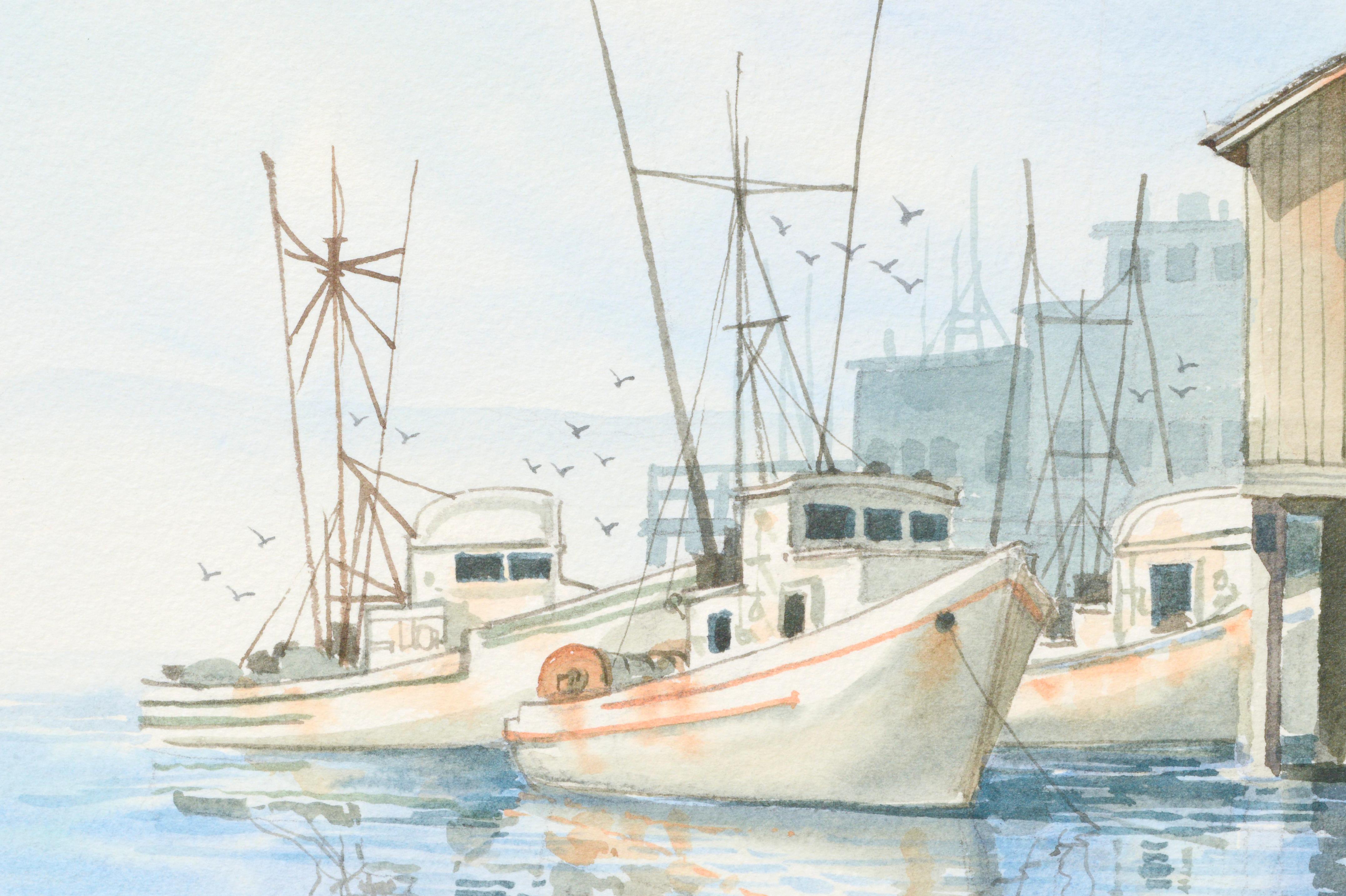 Bateaux de pêche dans le port avec le marché aux poissons de Monterey Wharf, paysage maritime

Aquarelle très détaillée de bateaux de pêche dans le port le long d'un quai avec des cabanes colorées et un marché aux poissons, par un artiste inconnu