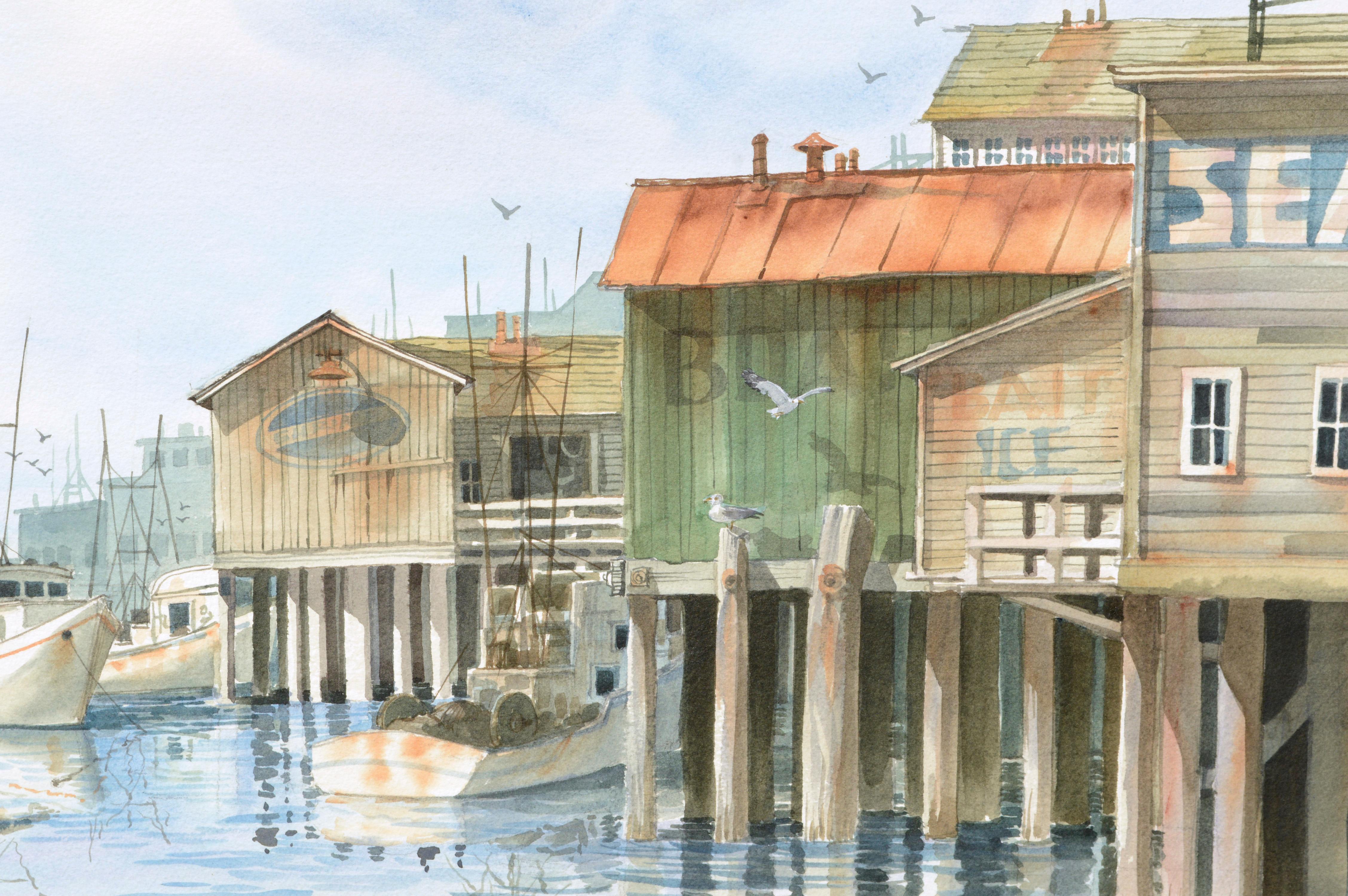 Fishing Boats in the Harbor with Monterey Wharf Fish Market, Maritime Landscape  - Beige Landscape Art by Jones