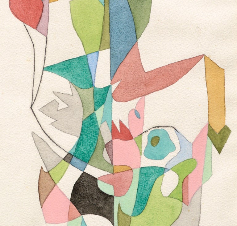 Bright and colorful abstract geometric watercolor with multicolor connected forms cascading in a dynamic vertical composition by Ellwood Graham (American, 1911-2007). Signed 