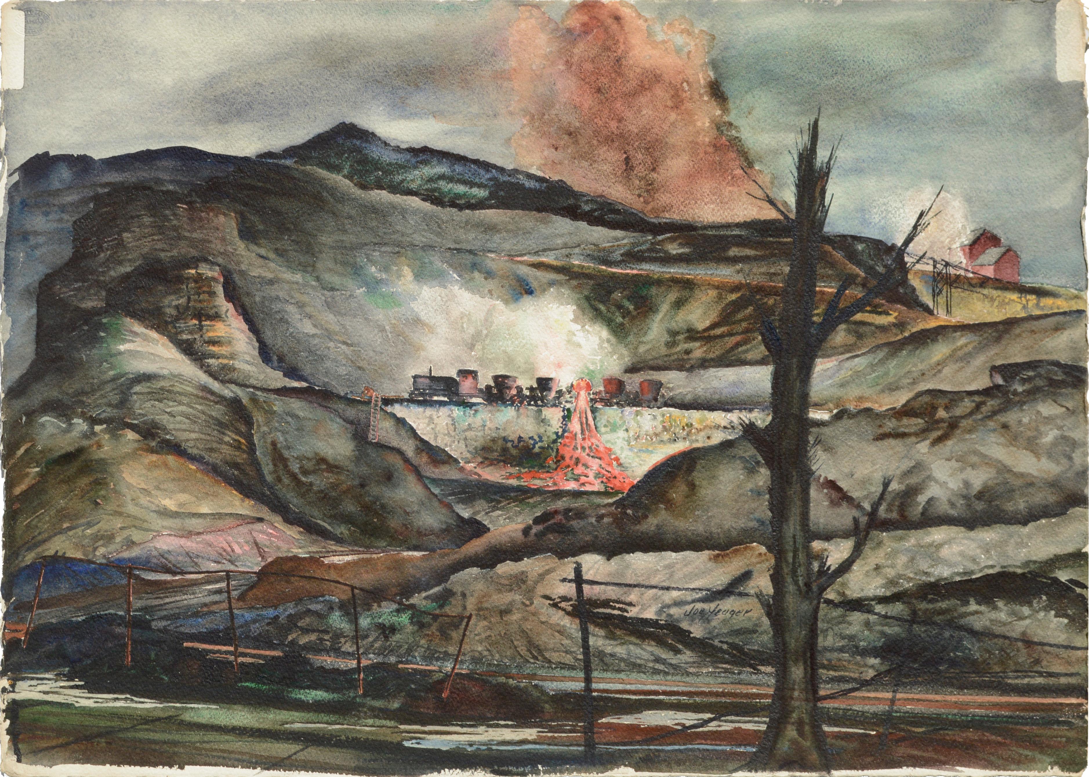 Landscape Art Joseph Yeager - Paysage industriel du milieu du siècle dernier Nocturnal