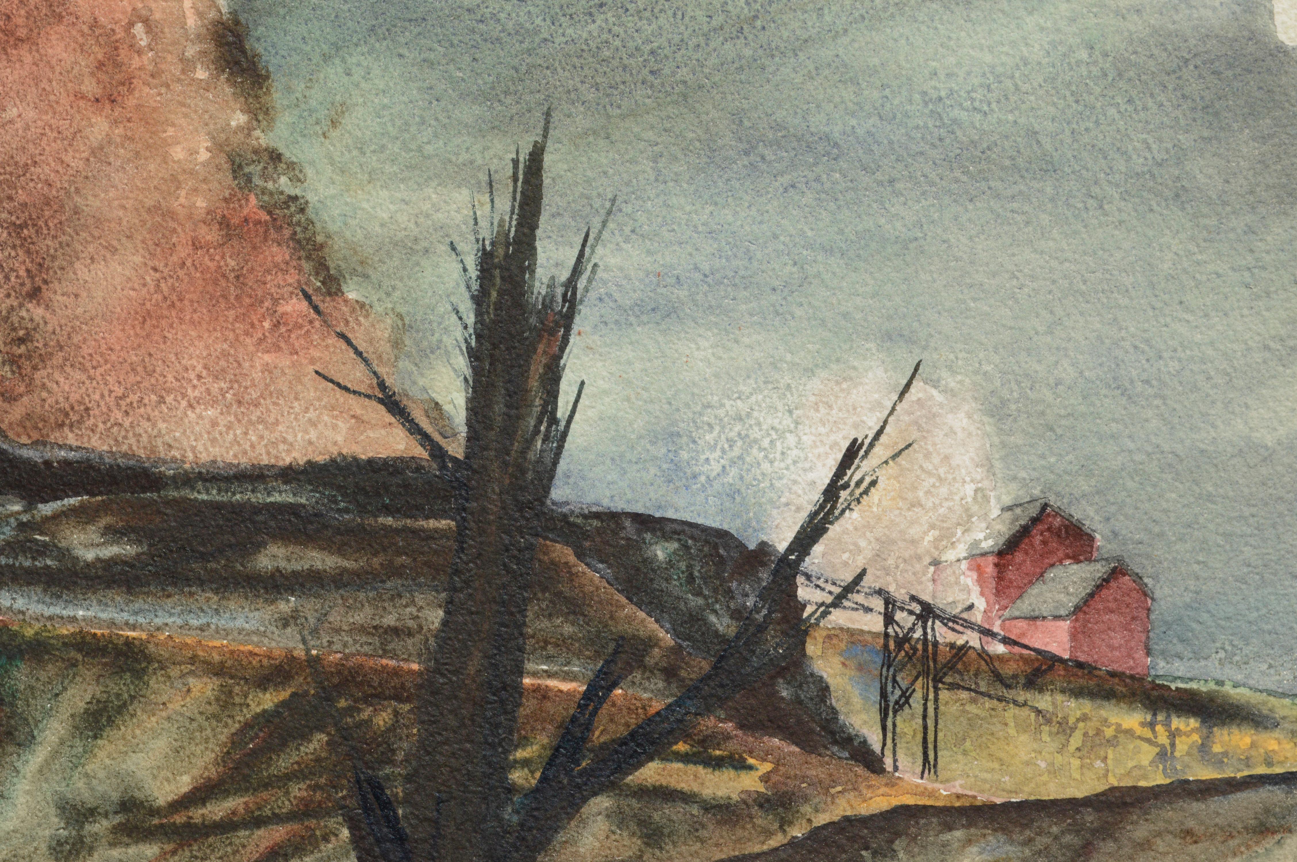 Paysage industriel du milieu du siècle dernier Nocturnal - Gris Landscape Art par Joseph Yeager
