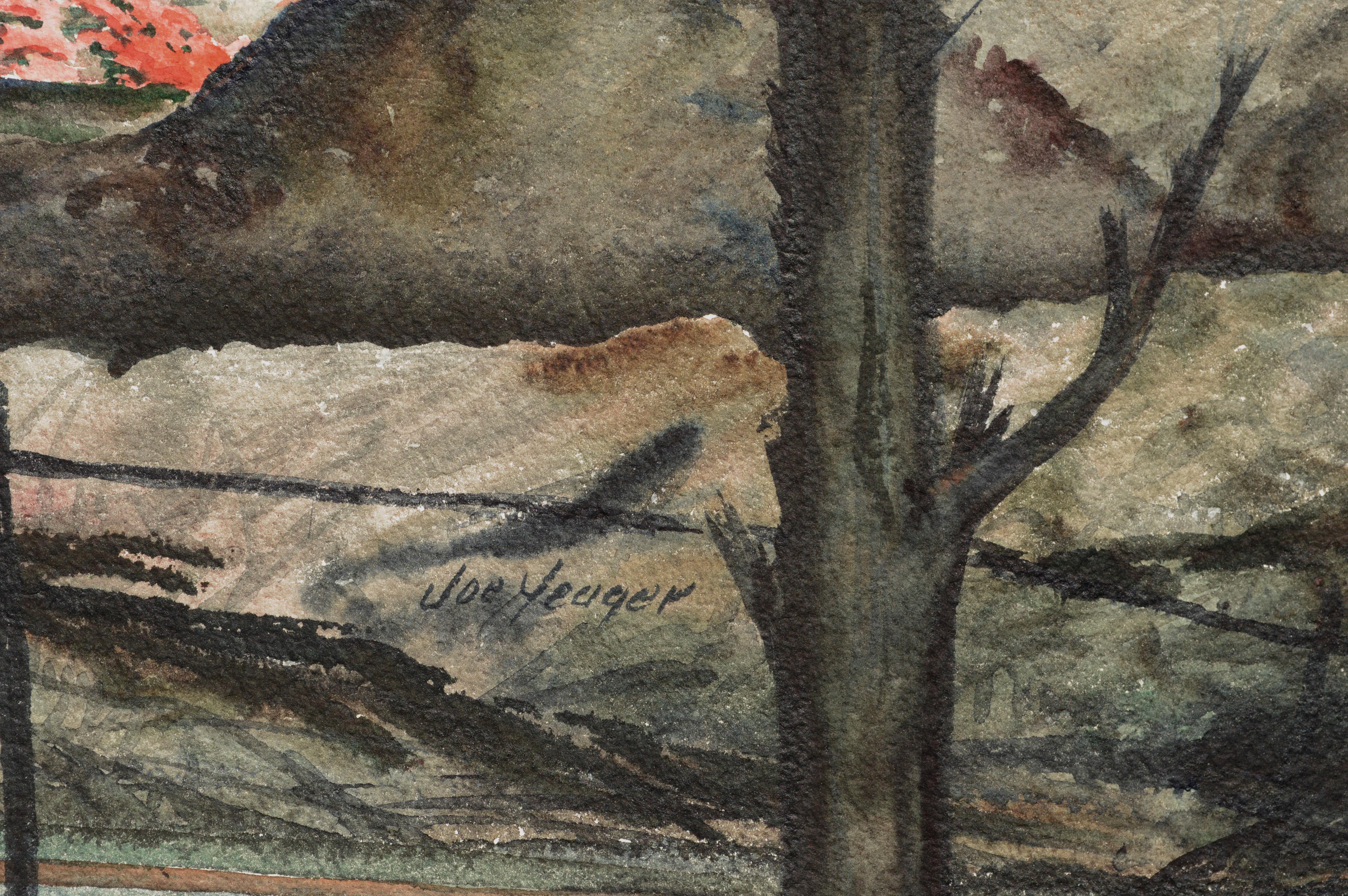 Detailed industrial landscape of an open-pit mine by Joseph Yeager (early-mid 20th Century) on heavy bond watercolor paper with ragged edges. Signed 