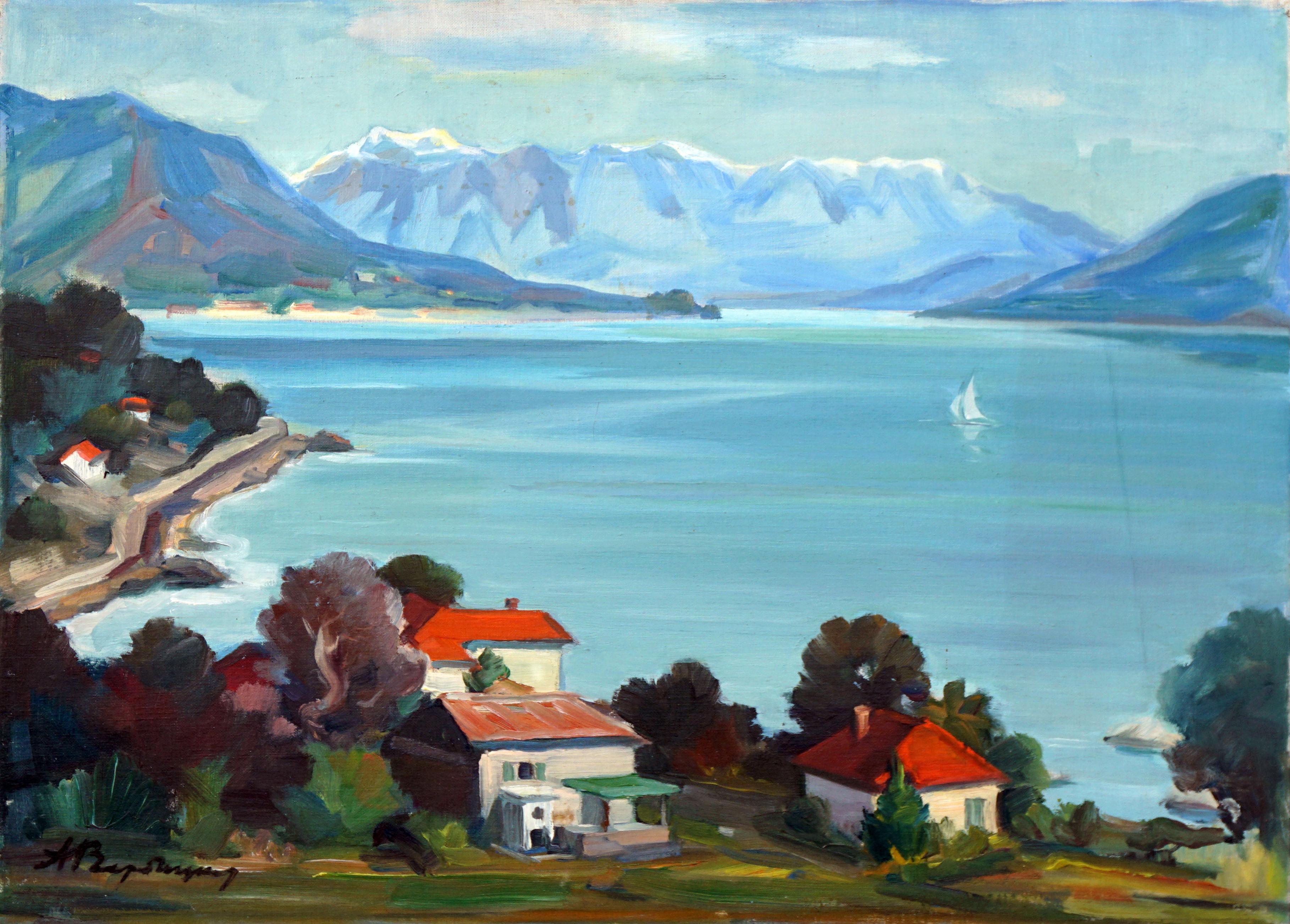 A Verbitski  Landscape Painting - Mid Century Croatian Coast with Sailboat Landscape