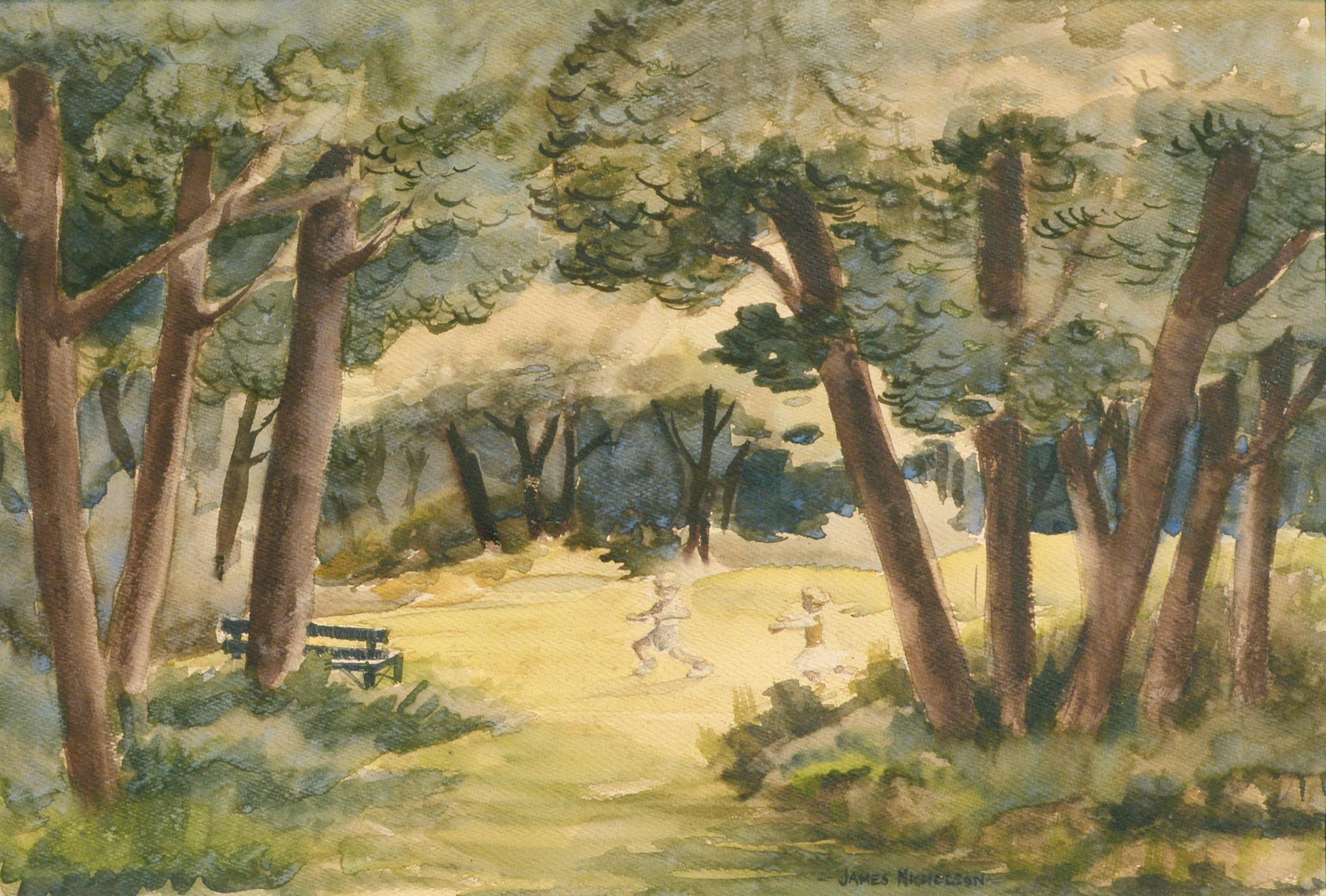 Playing in the Park - Mid Century Figurative Landscape Watercolor  - Art by James Nicholson