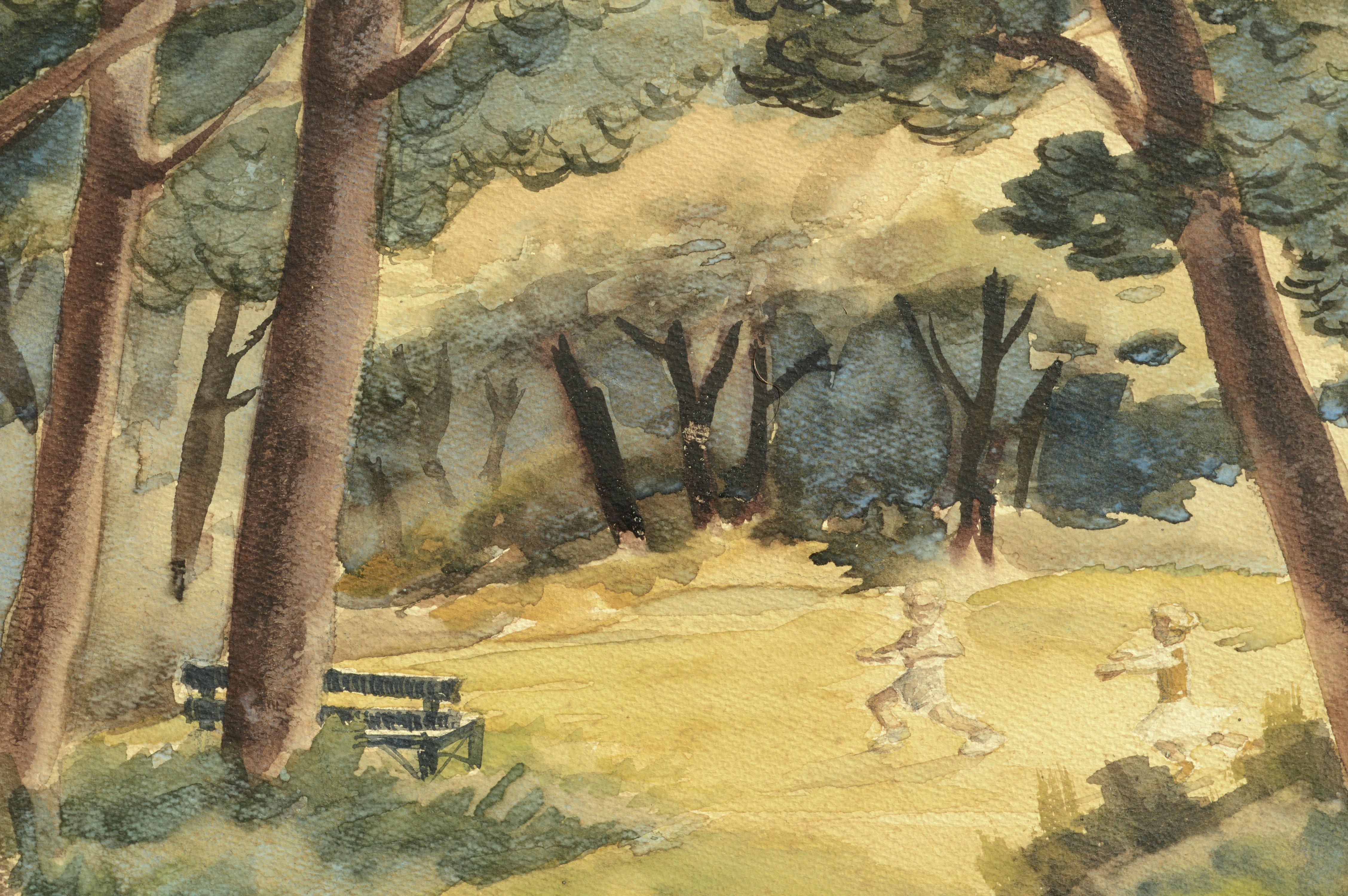Playing in the Park - Mid Century Figurative Landscape Watercolor  - American Impressionist Art by James Nicholson