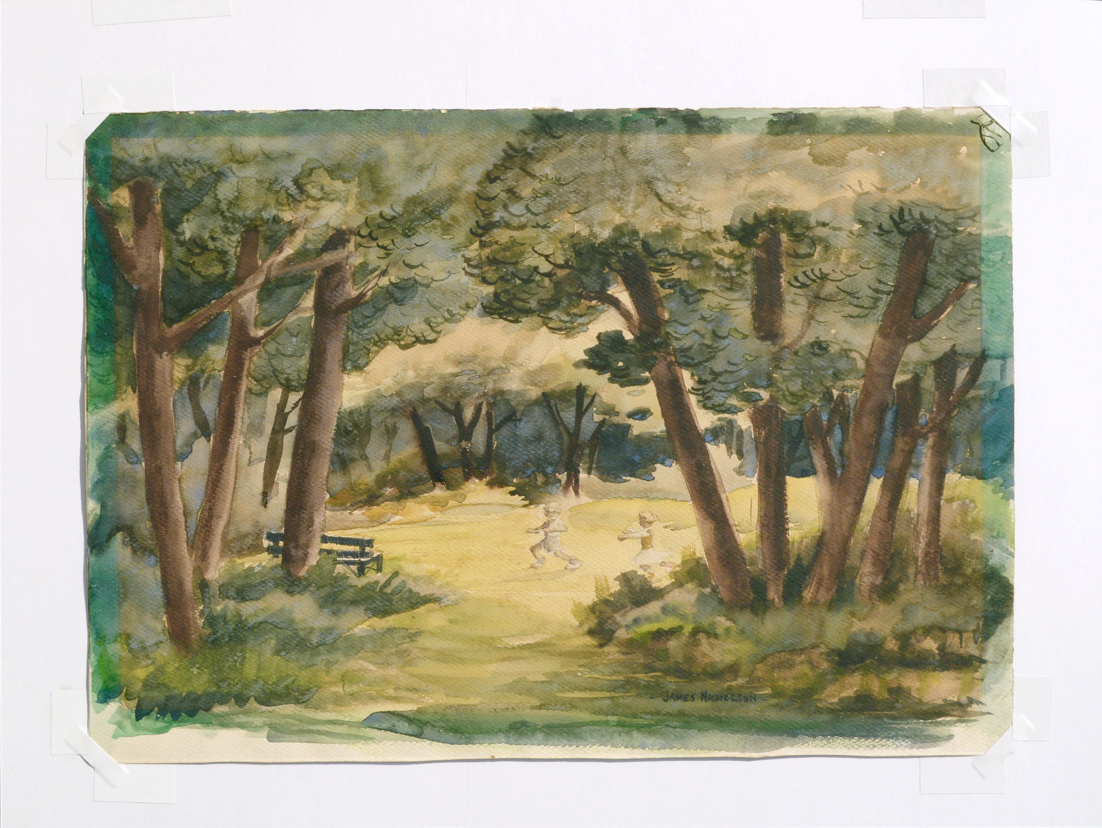Lively landscape of a green park with figures of children playing by James Nicholson (American, 20th Century). Signed 