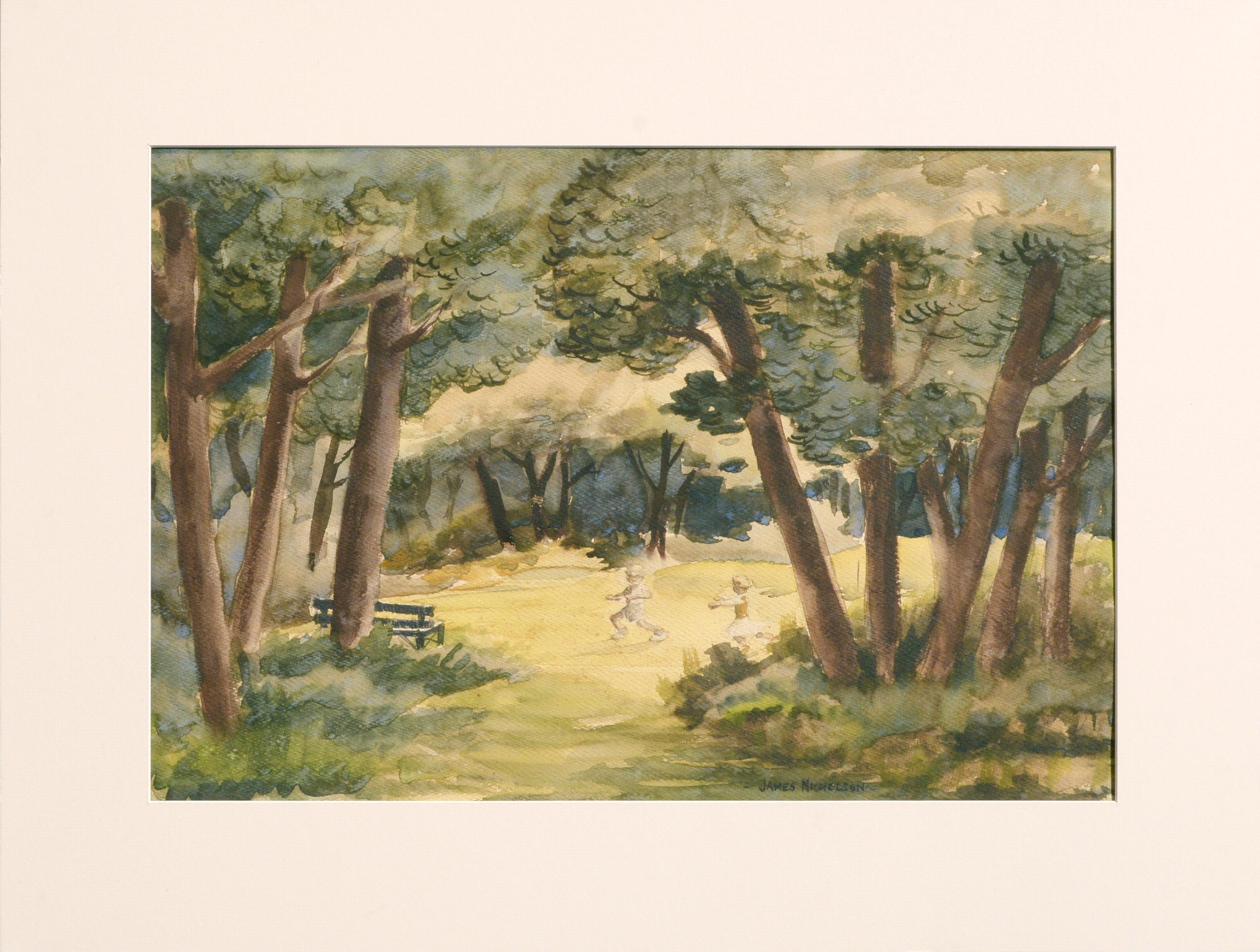 James Nicholson Figurative Art - Playing in the Park - Mid Century Figurative Landscape Watercolor 