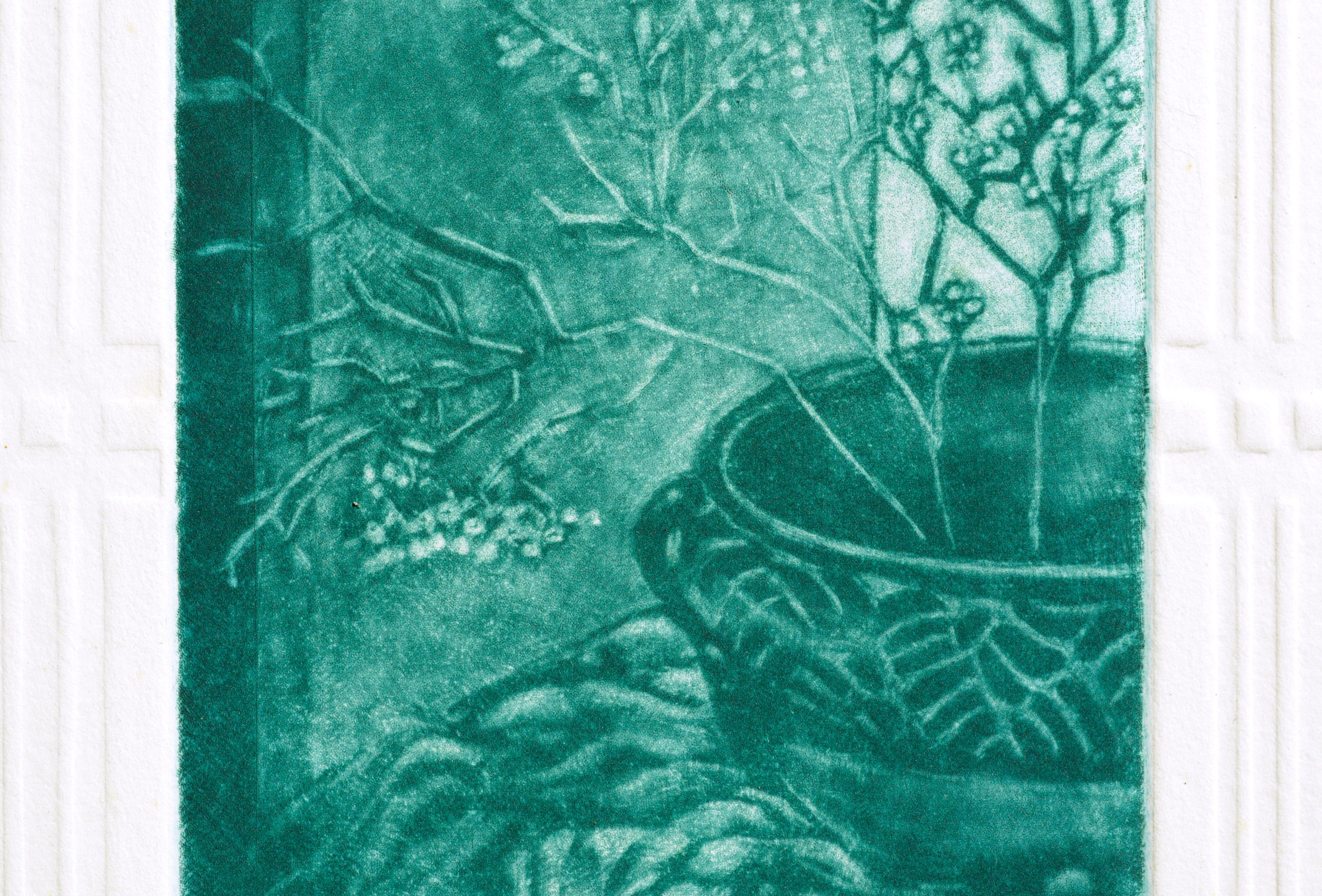 « Nature morte avec porte », gravure à la pointe sèche monochrome en cyan - Gris Still-Life Print par Barbara B. Cohn