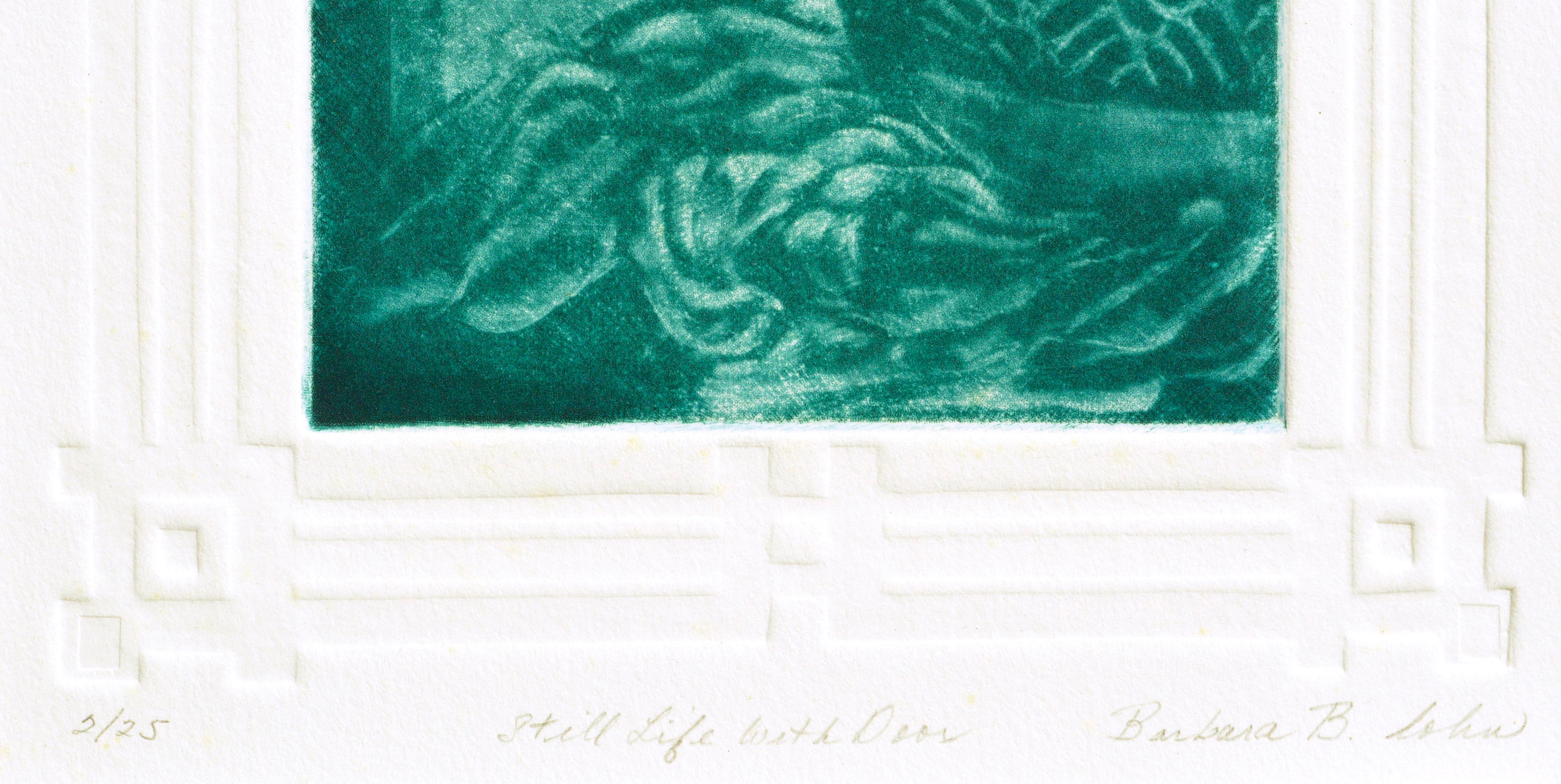 « Nature morte avec porte », gravure à la pointe sèche monochrome en cyan en vente 1
