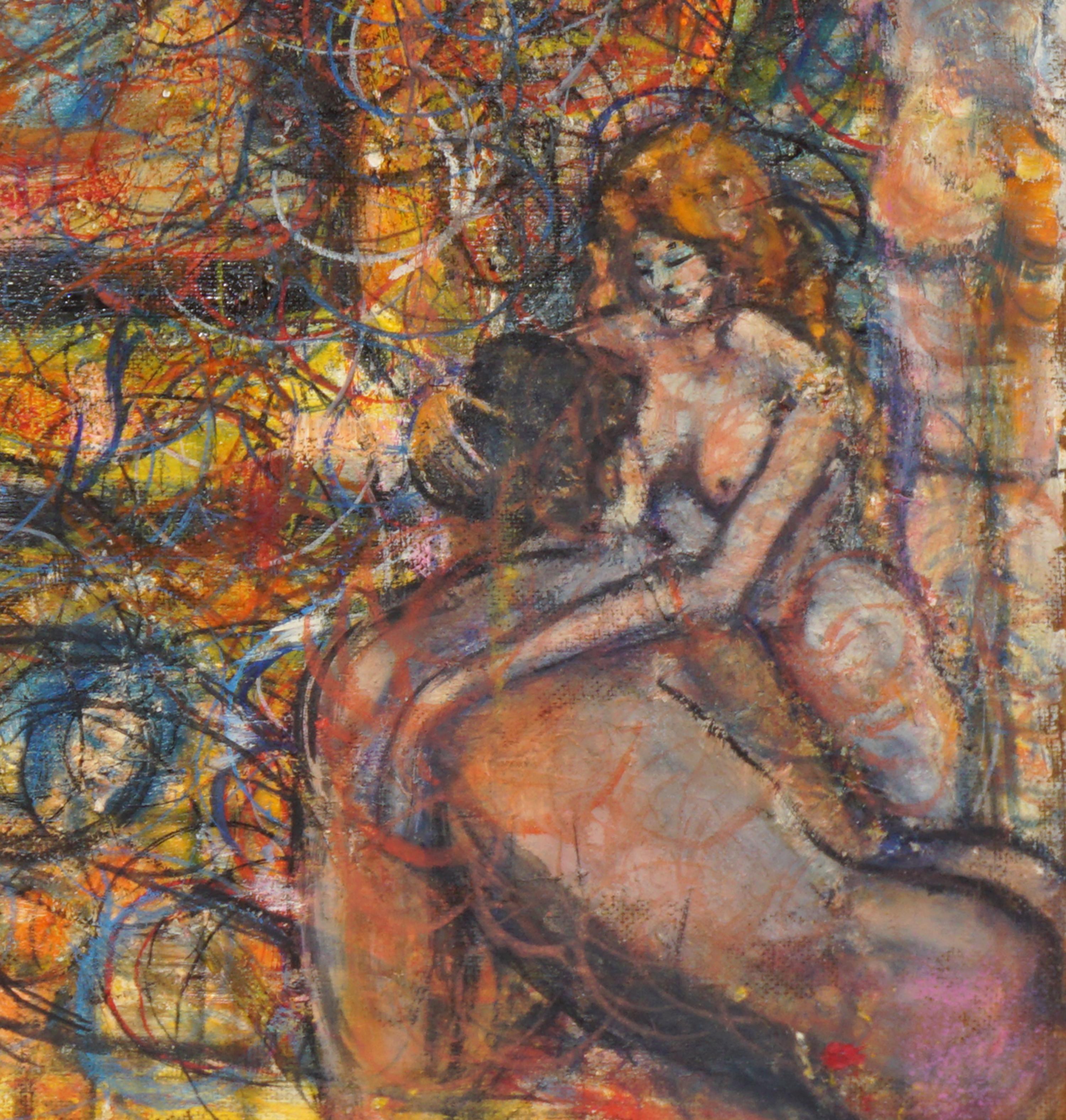 Pintura figurativa expresionista abstracta feminista, vívida y evocadora, de la mujer y las múltiples facetas de su vida, representada por múltiples figuras femeninas que realizan diversas actividades a lo largo del caótico y colorido lienzo