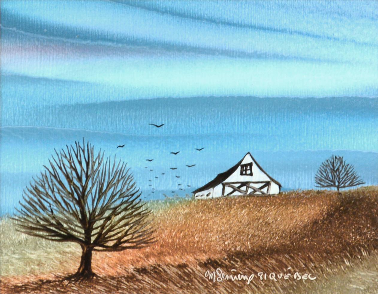 Barn in Autumn - Small Country Landscape with Tree  - Painting by M. Lemieux