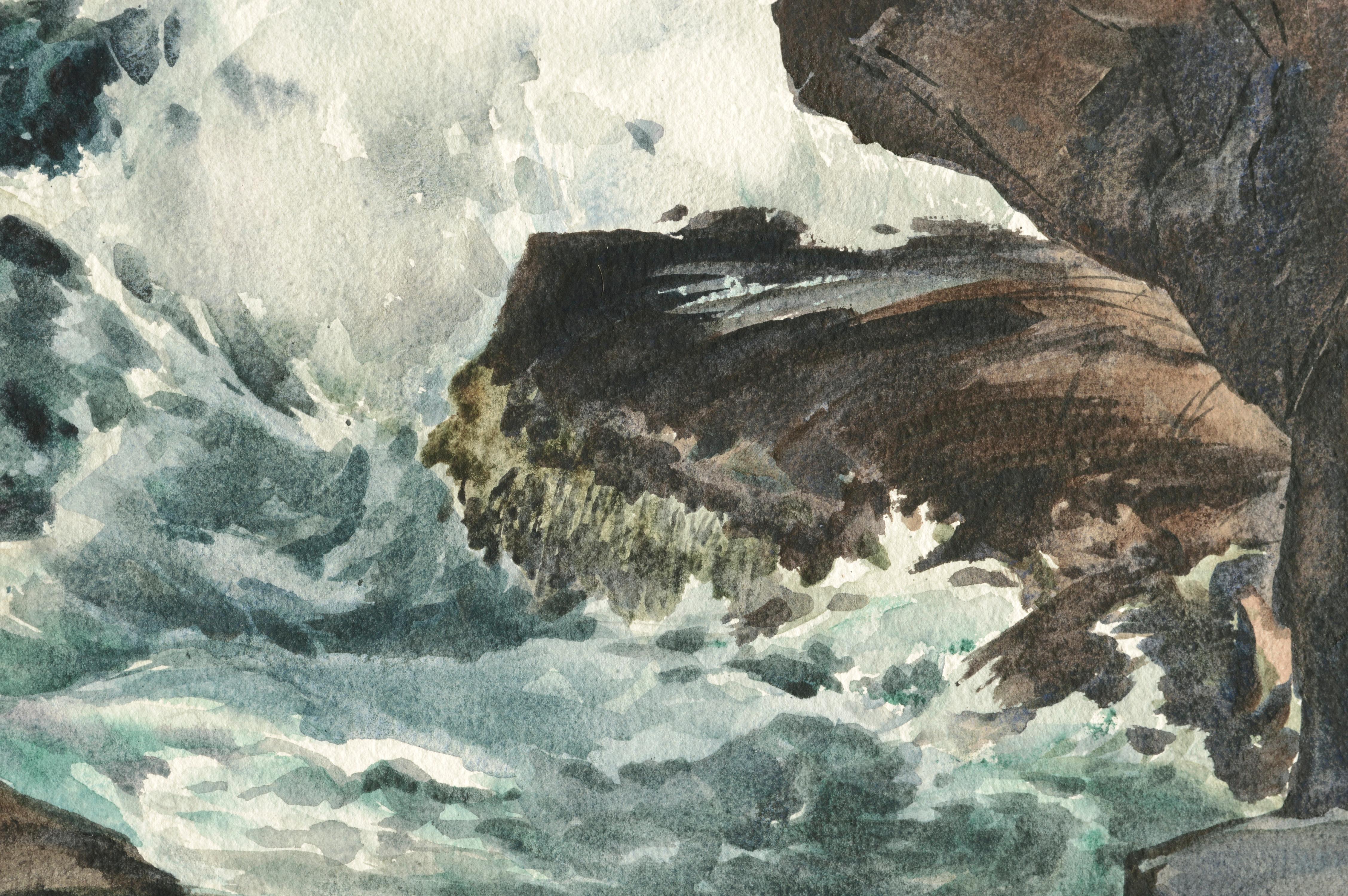 Seascape of tide pools and crashing waves by Joseph Yeager (early-mid 20th Century) on heavy bond watercolor paper with ragged edges. Signed 