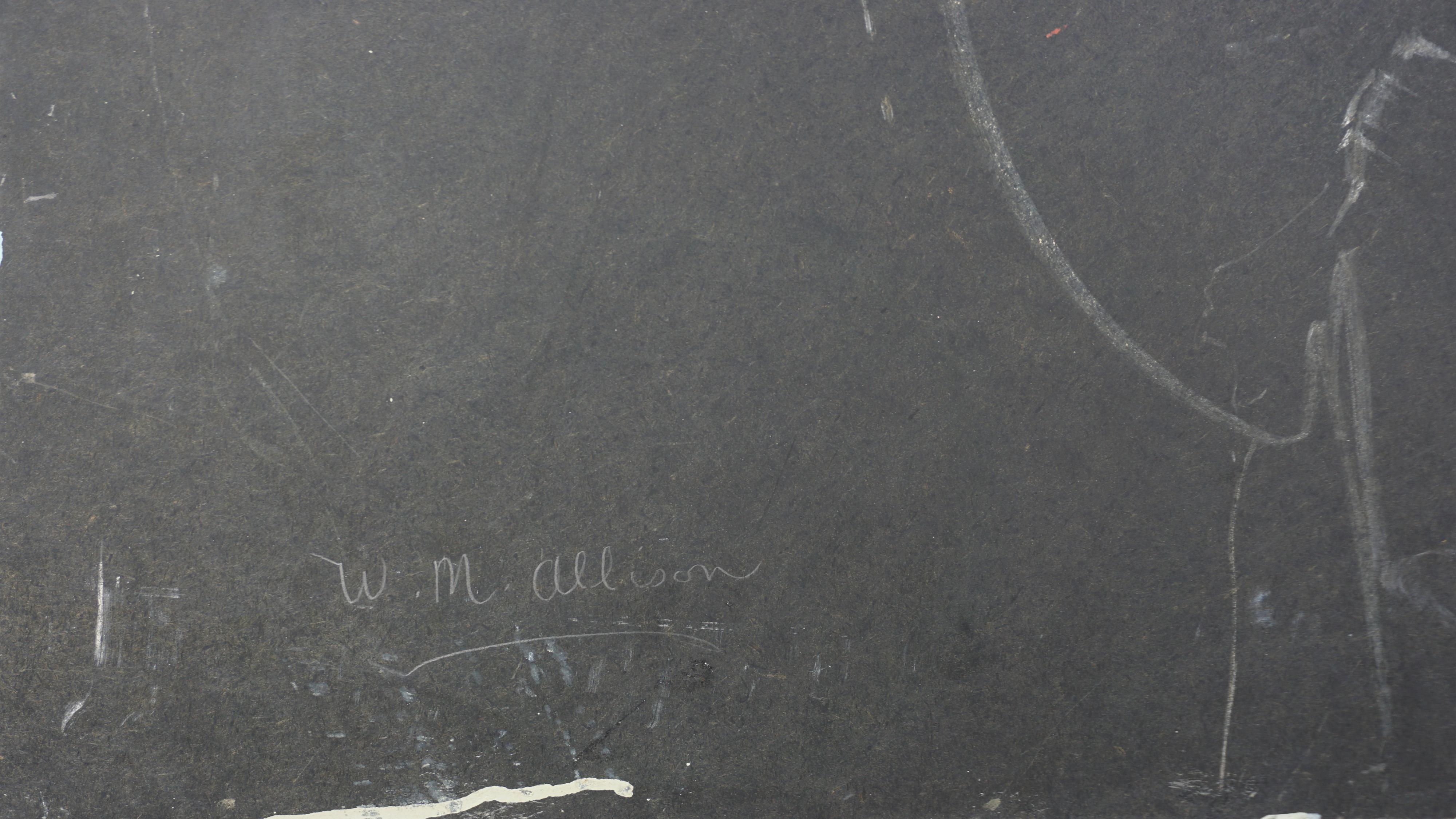 Wunderschönes Vintage-Ölgemälde eines Winterschliffs:: 1941. Verso signiert „C. J. Allison“ (Amerikaner:: 20. Jahrhundert) und „W. M. Allison“ ( berühmter Pulverkünstler William Merle Allison). Zustand: Gut; geringfügige Abnutzung an der Kante.