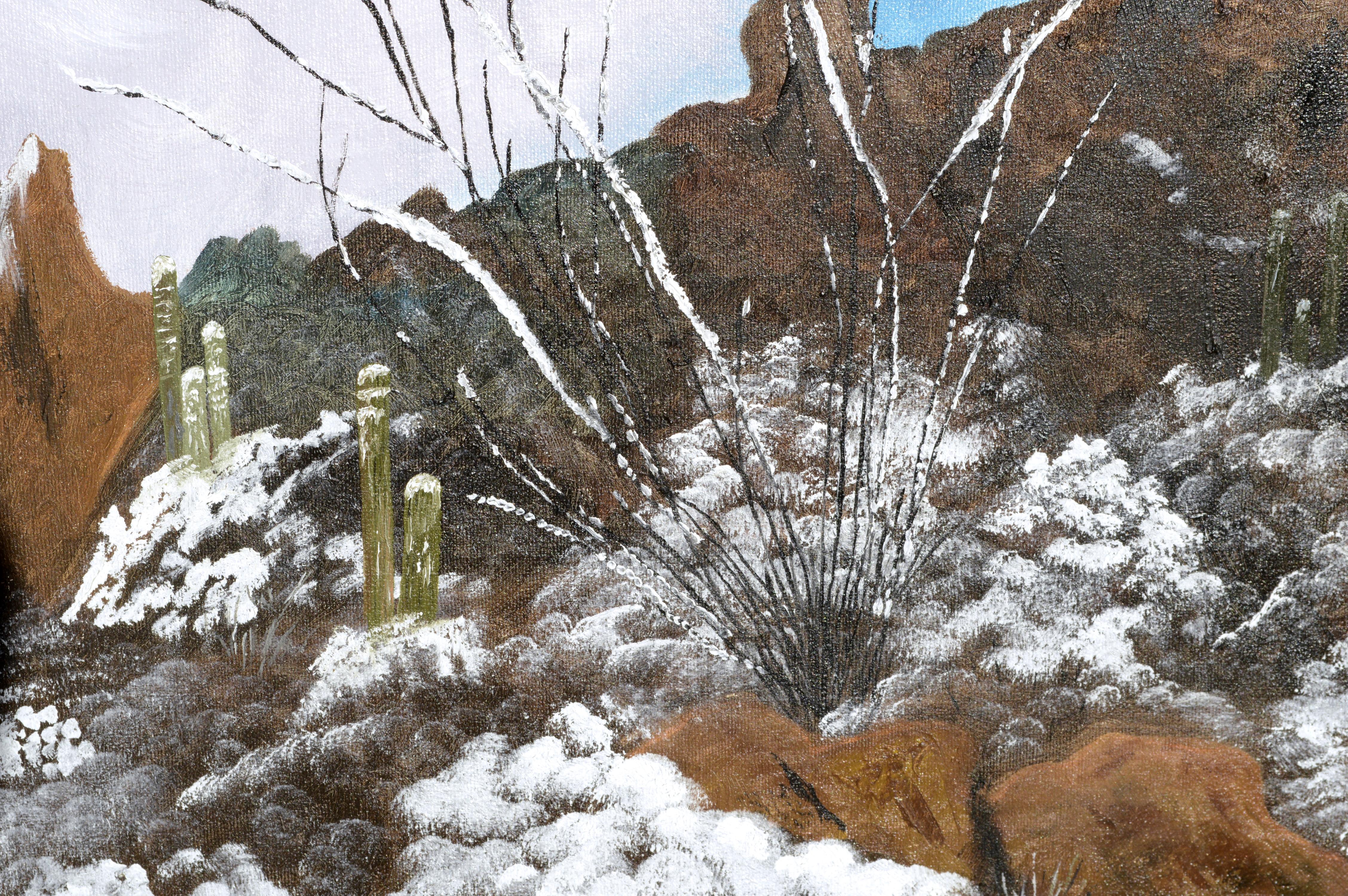 Snowfall in the Desert - Landscape - Blue Landscape Painting by Tru Trudeau