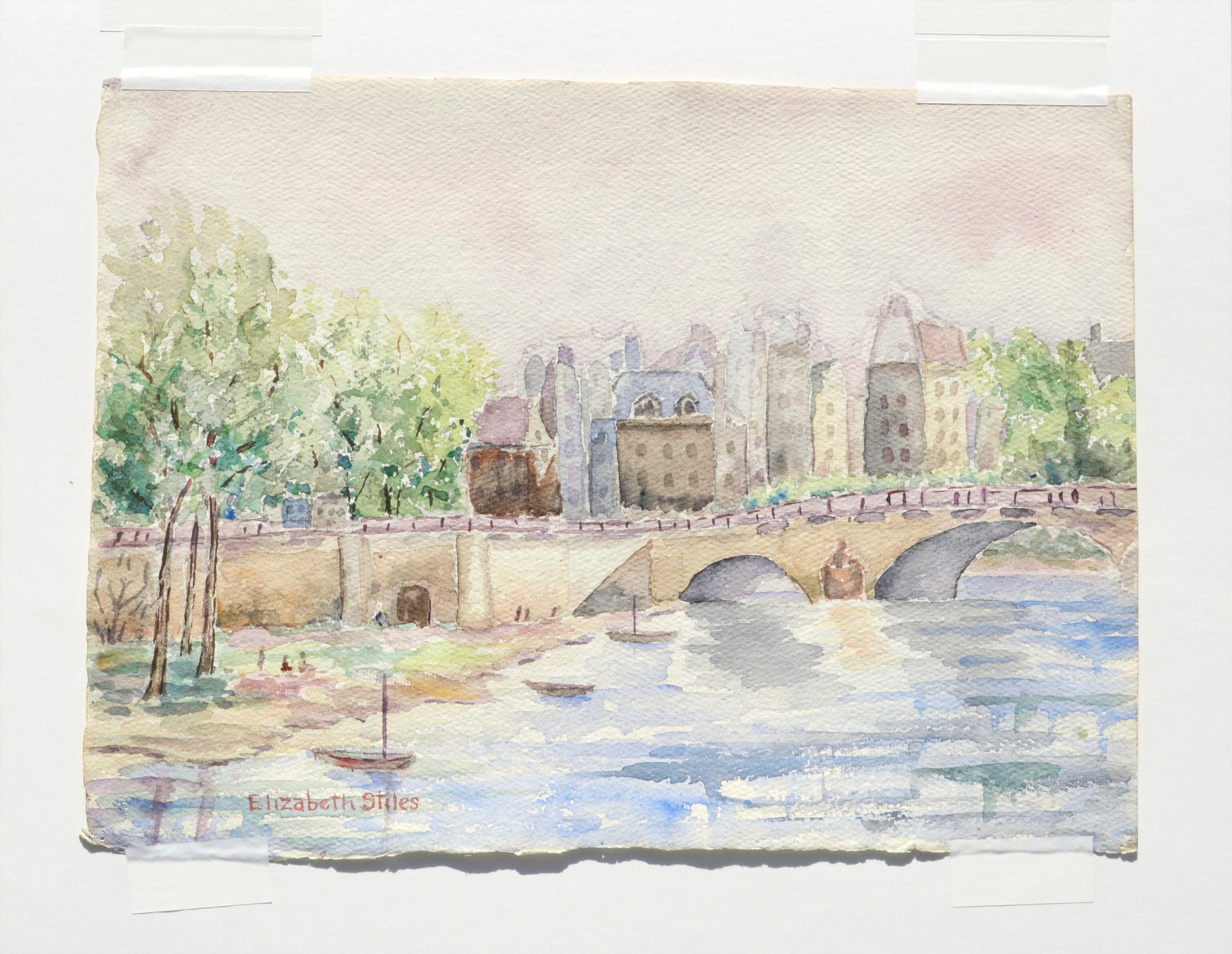 Bridge over the Canal - Landscape - Beige Landscape Art by Elizabeth Stiles