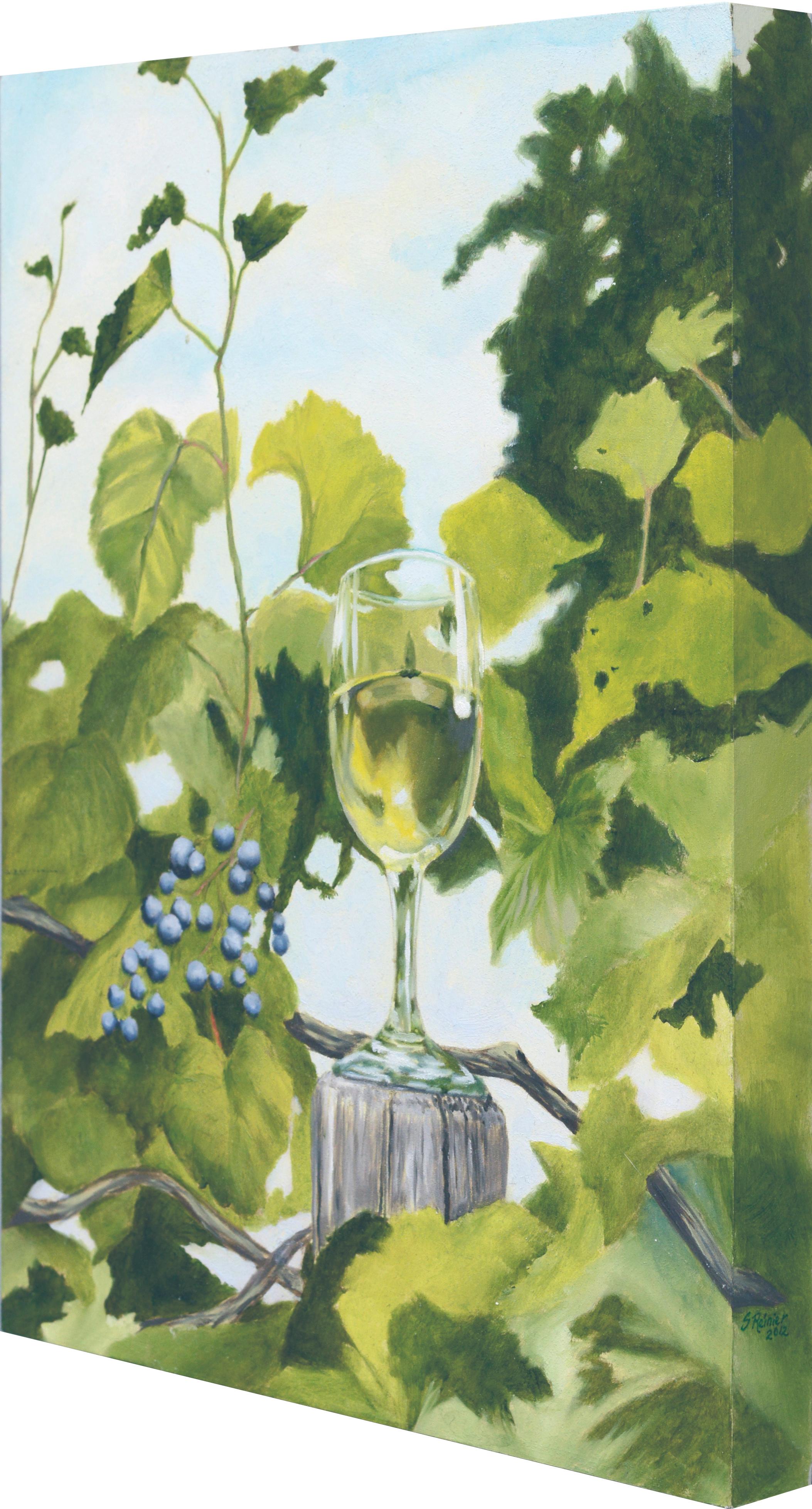 Still life of a wine glass among grapevines by Susan Reinier (American, b. 1978). Signed and dated 