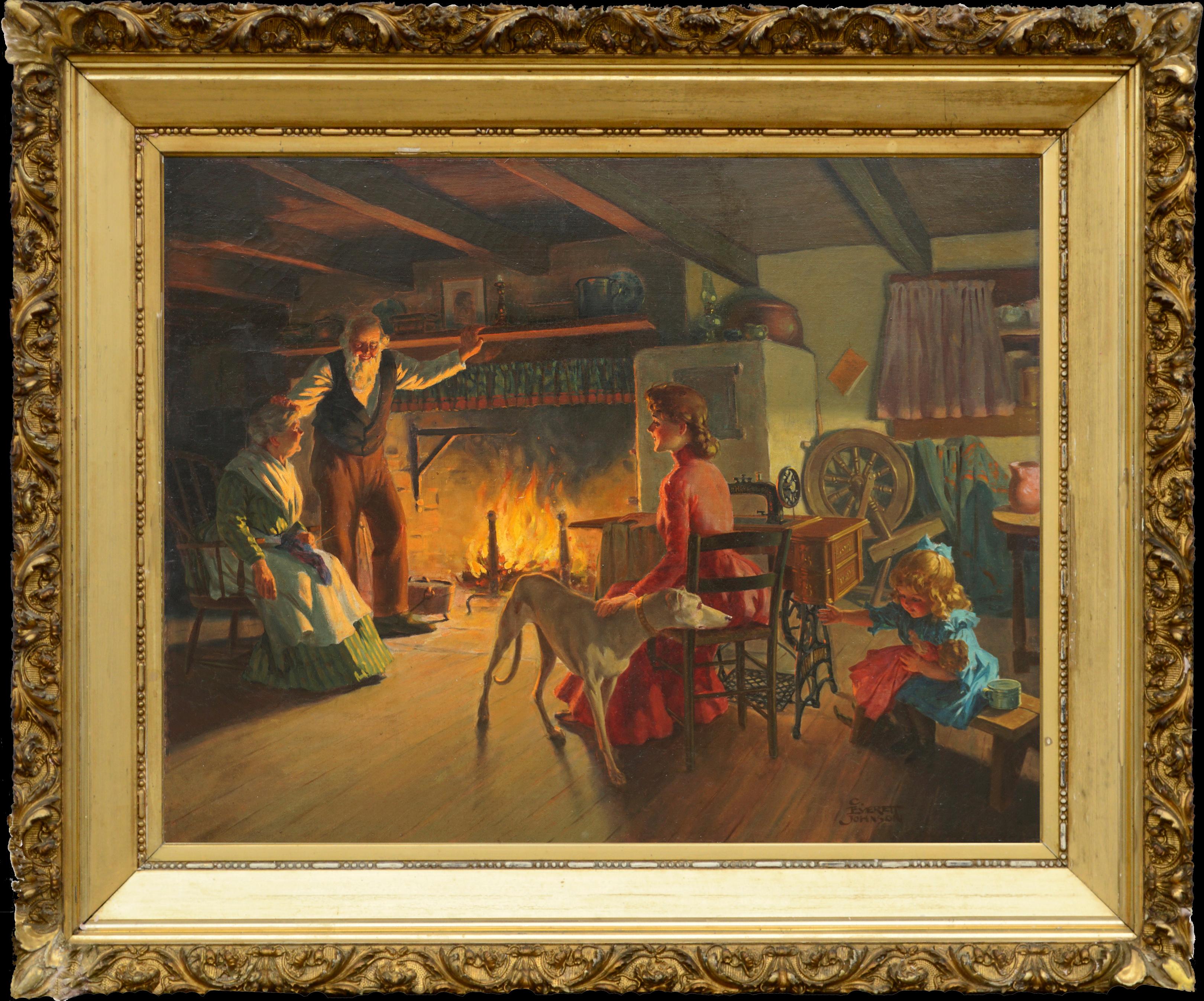 "The Family Hearth" - Turn of the Century Cozy Interior Figurative Scene 