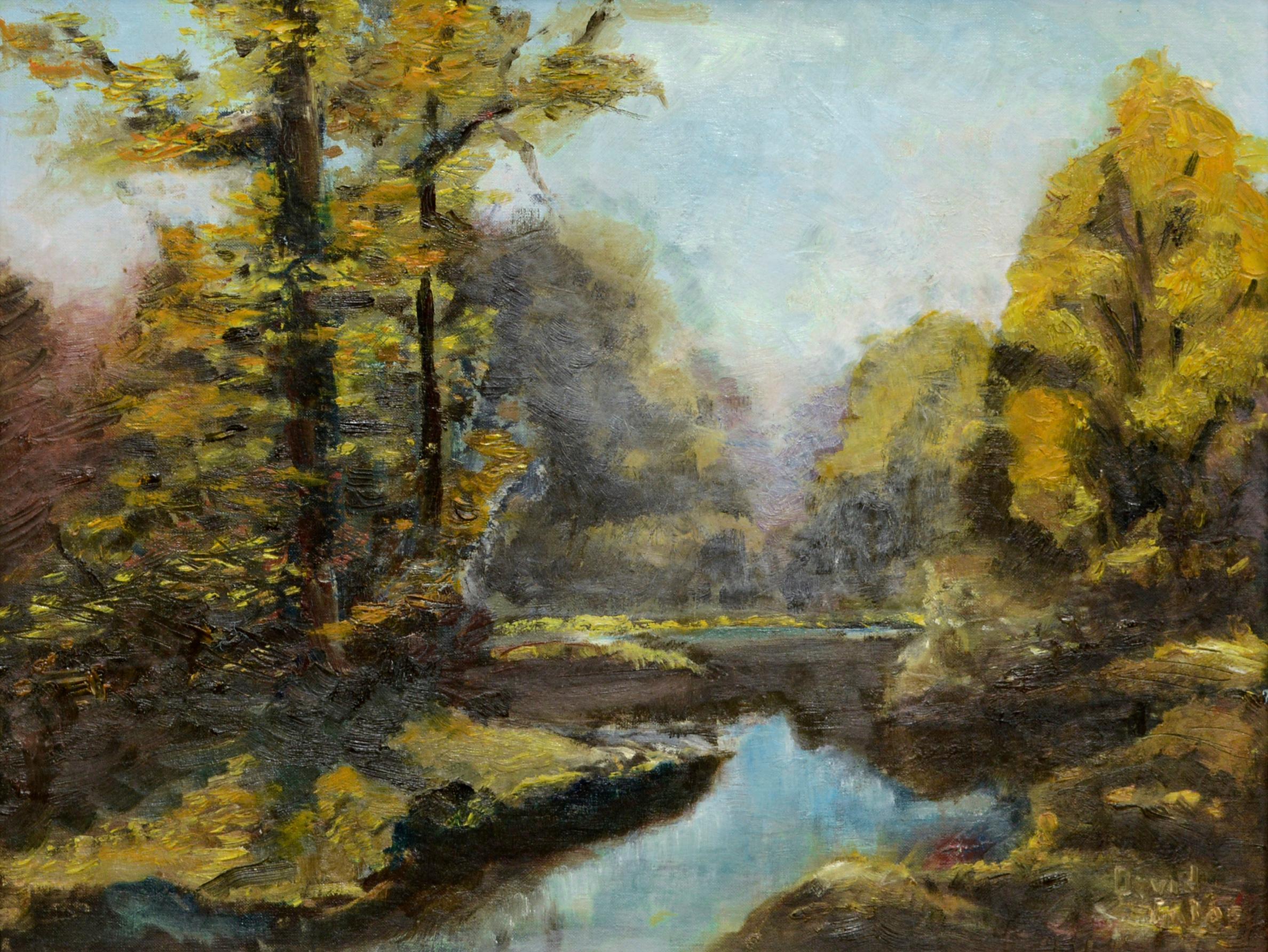 Autumn Mist Over the Pond - Painting by David Galas