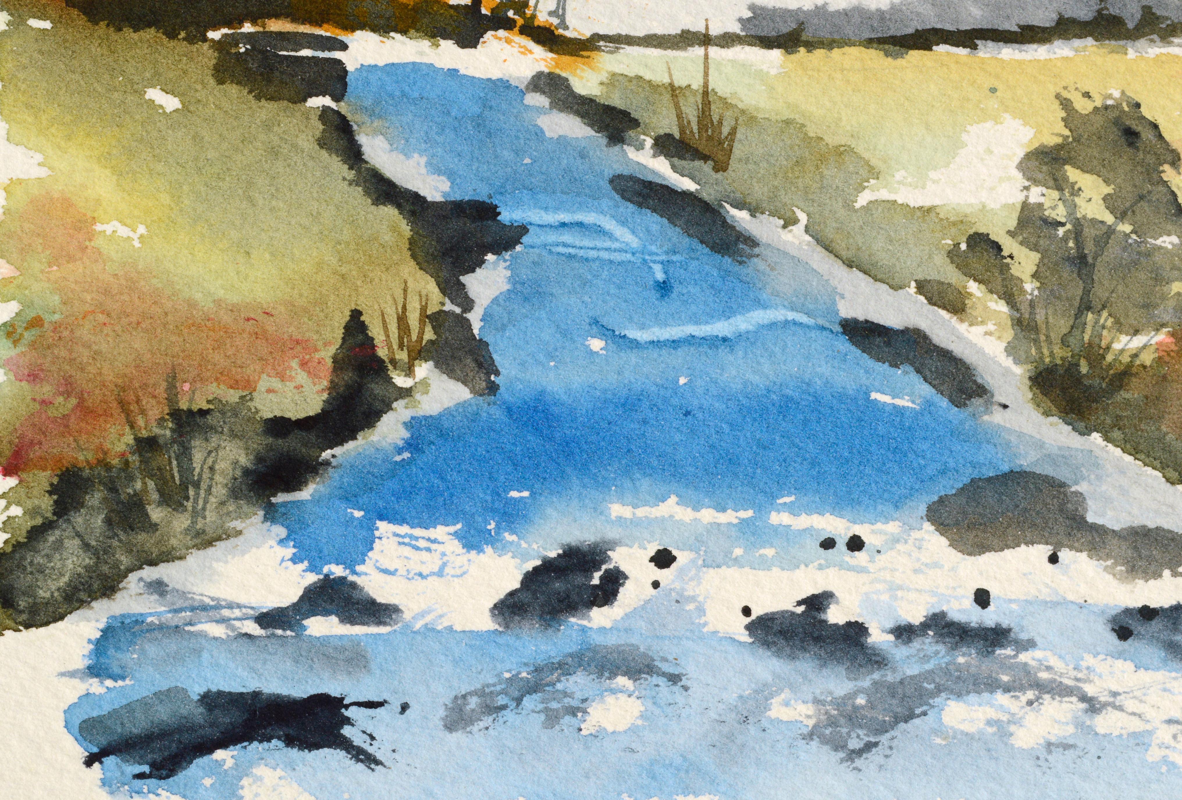 Heiteres Aquarell eines Baches von einem unbekannten Künstler namens Stow (20. Jahrhundert). Signiert 