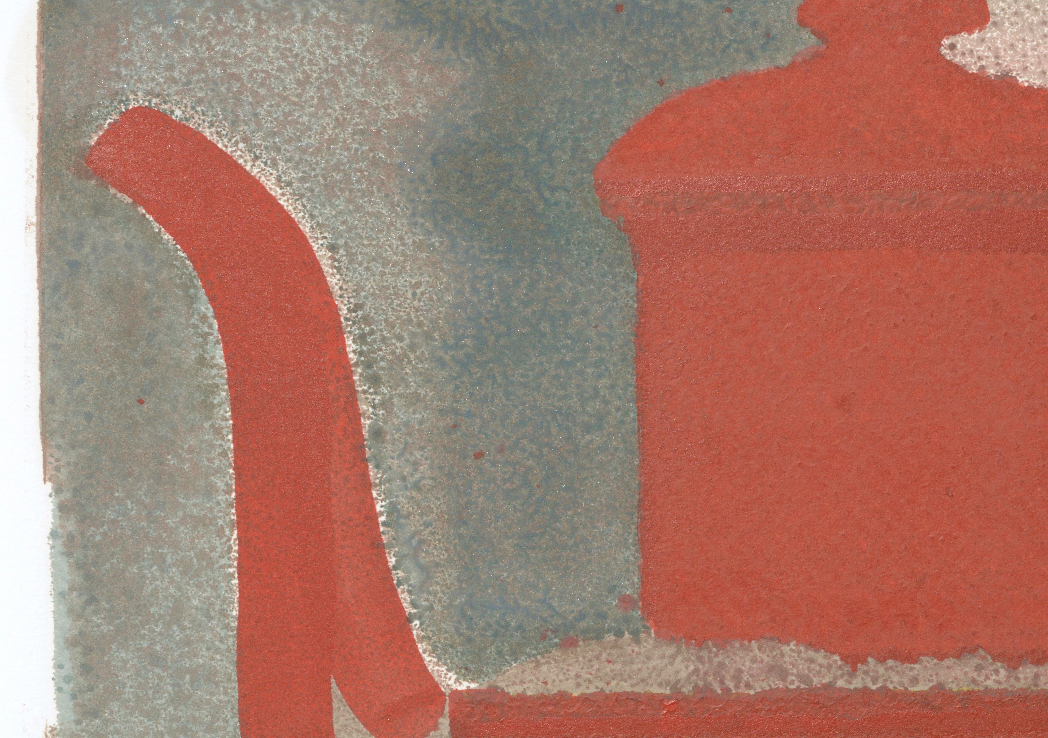 Two Red Teapots Still Life Modern by Don Weygandt - Beige Still-Life Painting by Donald Weygandt