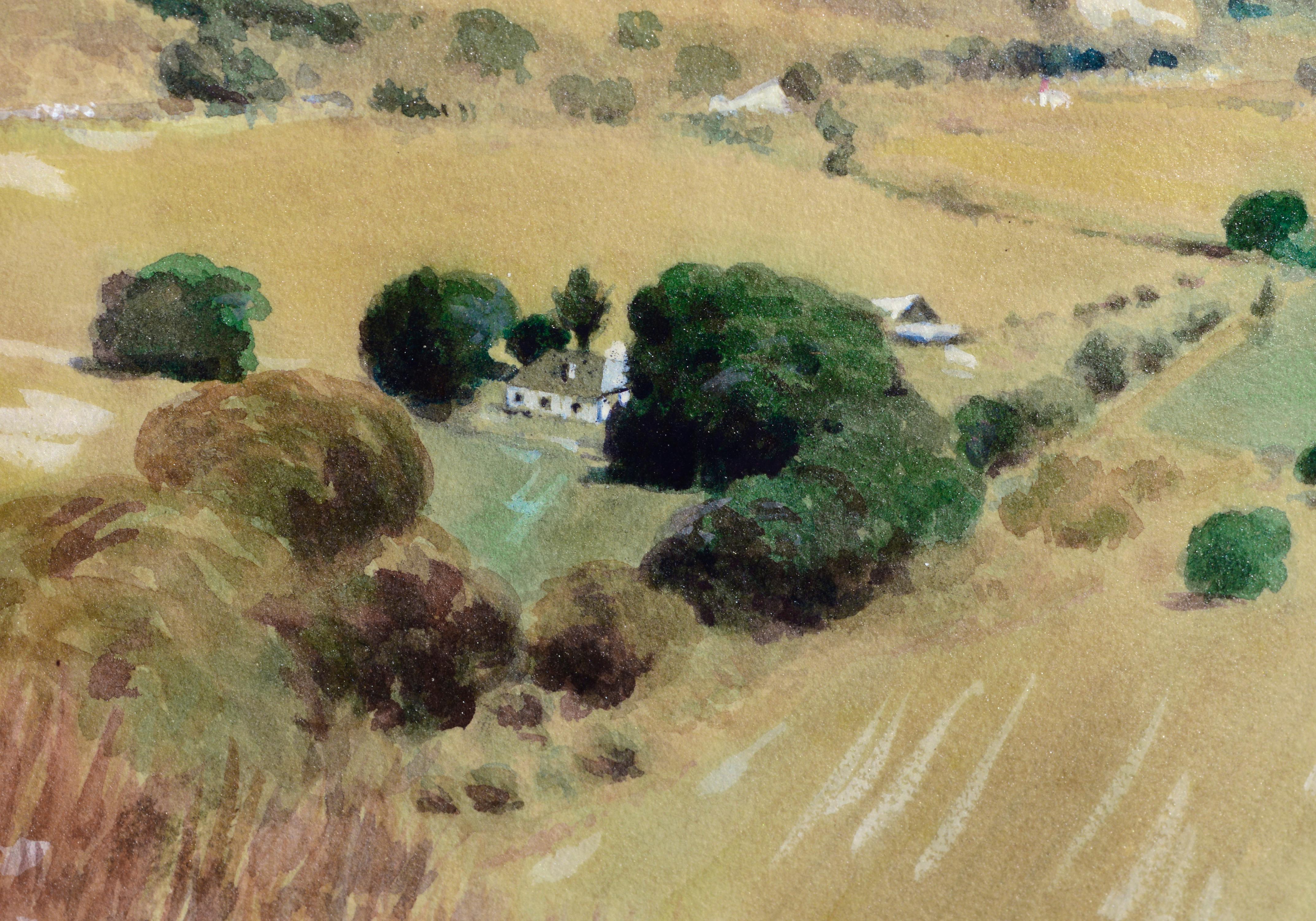 Aquarell eines Bauernhofs in einem Tal von Alfred E. Schneider (Amerikaner:: 1929-2016). Signiert und datiert „ALFRED SCHNEIDER 1954“ in der linken unteren Ecke. In einem vergoldeten Holzrahmen mit Glas präsentiert. Bildgröße: 25::4 cm H x 20::4 cm