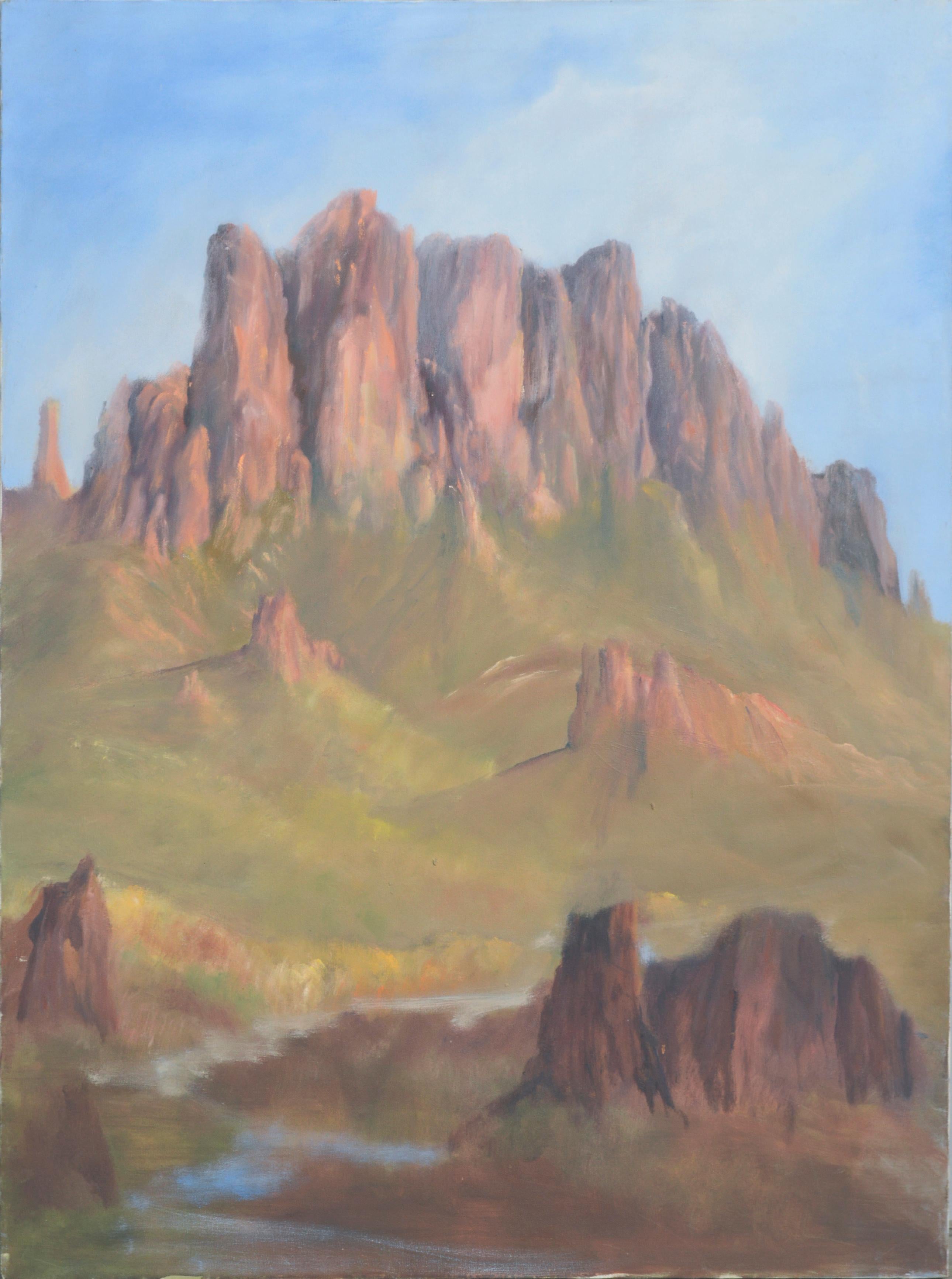 Landscape Painting di Kenneth Lucas - Montagne Superstition, Paesaggio verticale del deserto dell'Arizona
