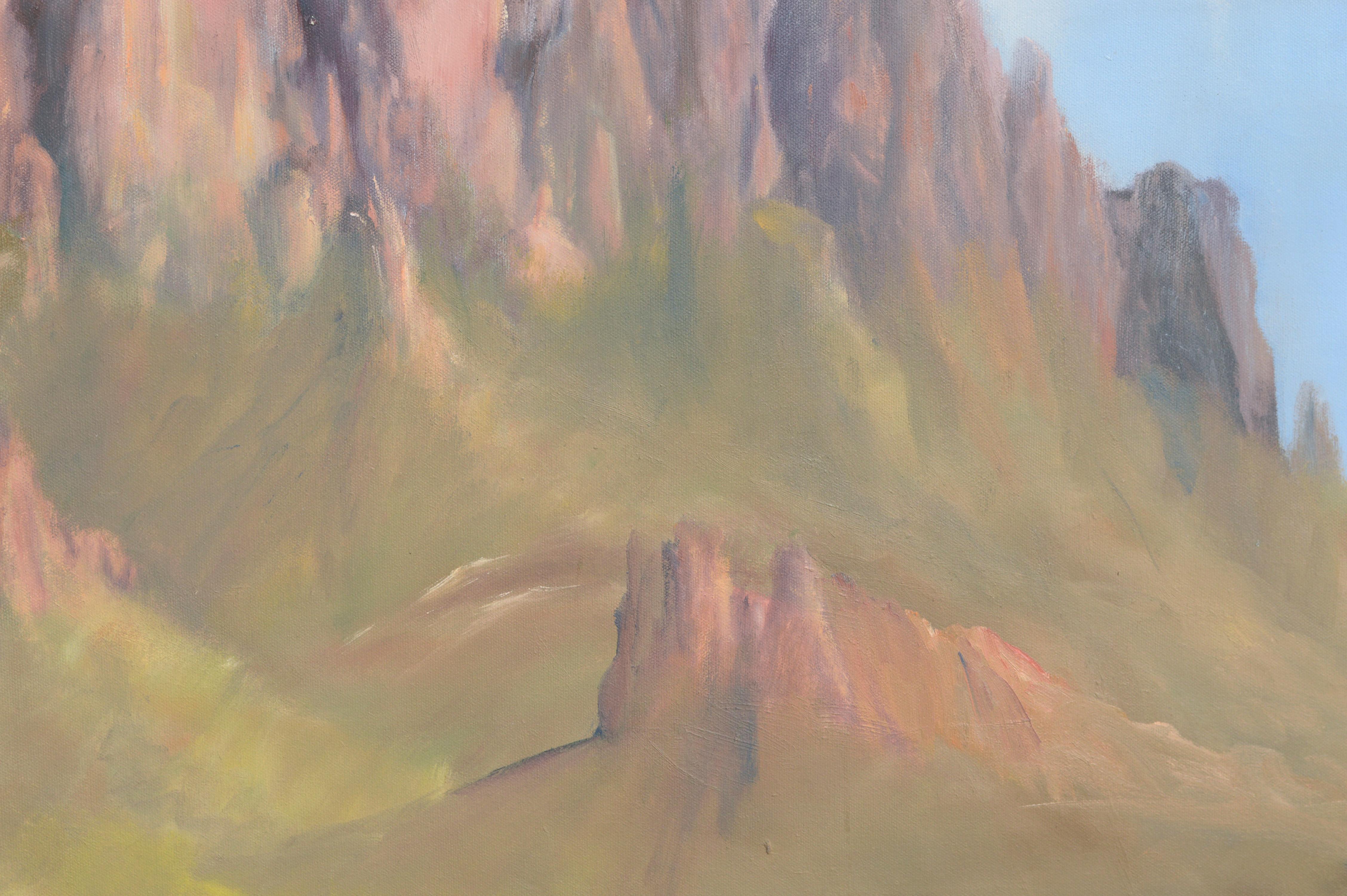 Montagne Superstition, Paesaggio verticale del deserto dell'Arizona - Painting Impressionismo americano di Kenneth Lucas
